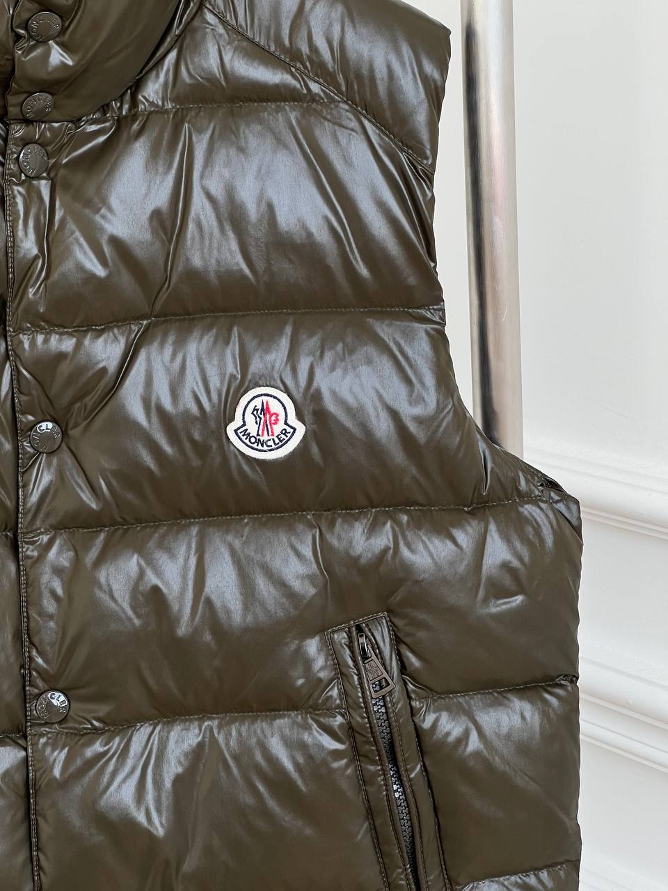 Moncler Olive Shiny Nylon Stand Collar Light Down Gilet Vest