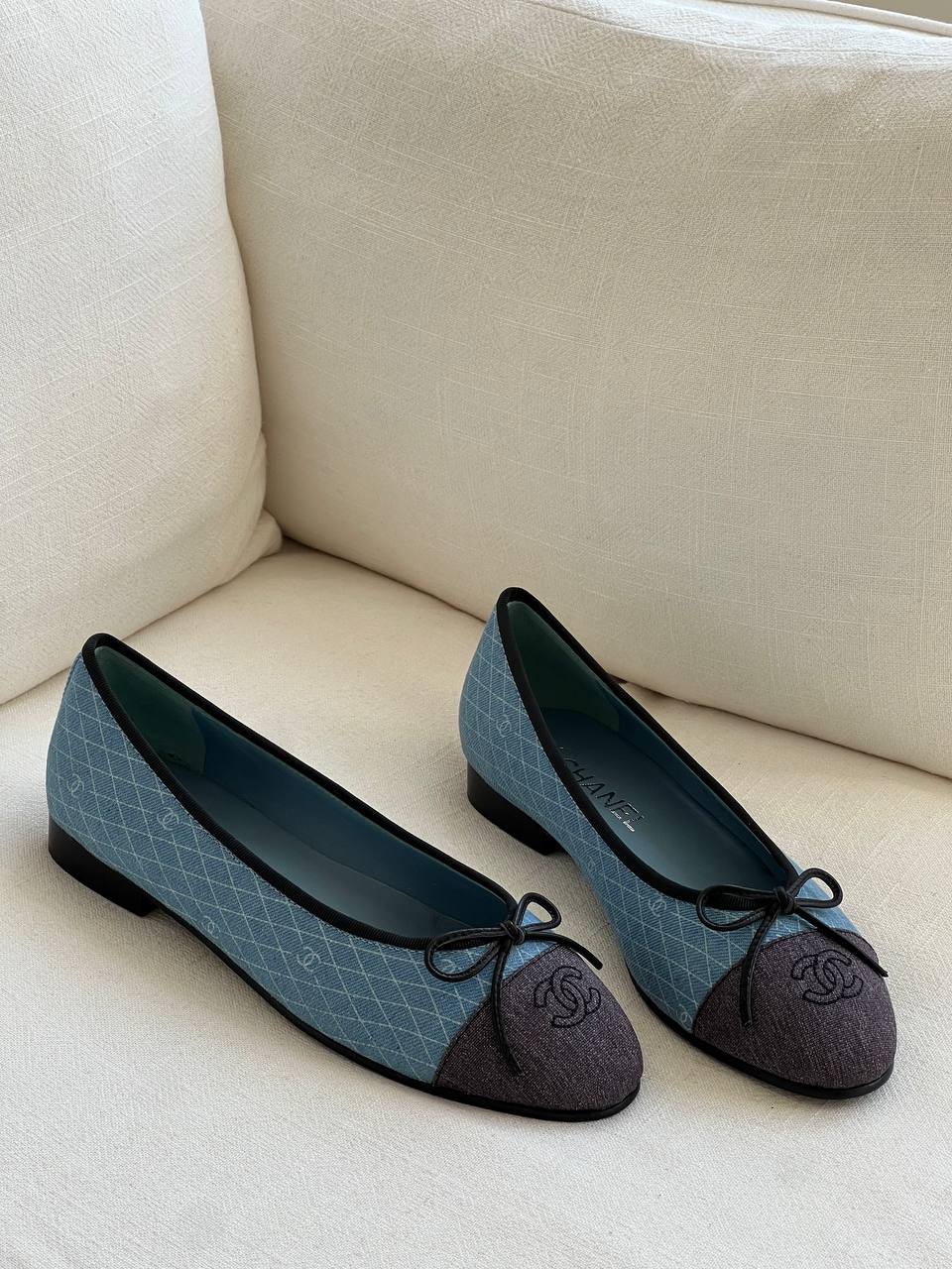 Chanel Blue Grid Canvas Patchwork Bow CC Logo Ballet Flats