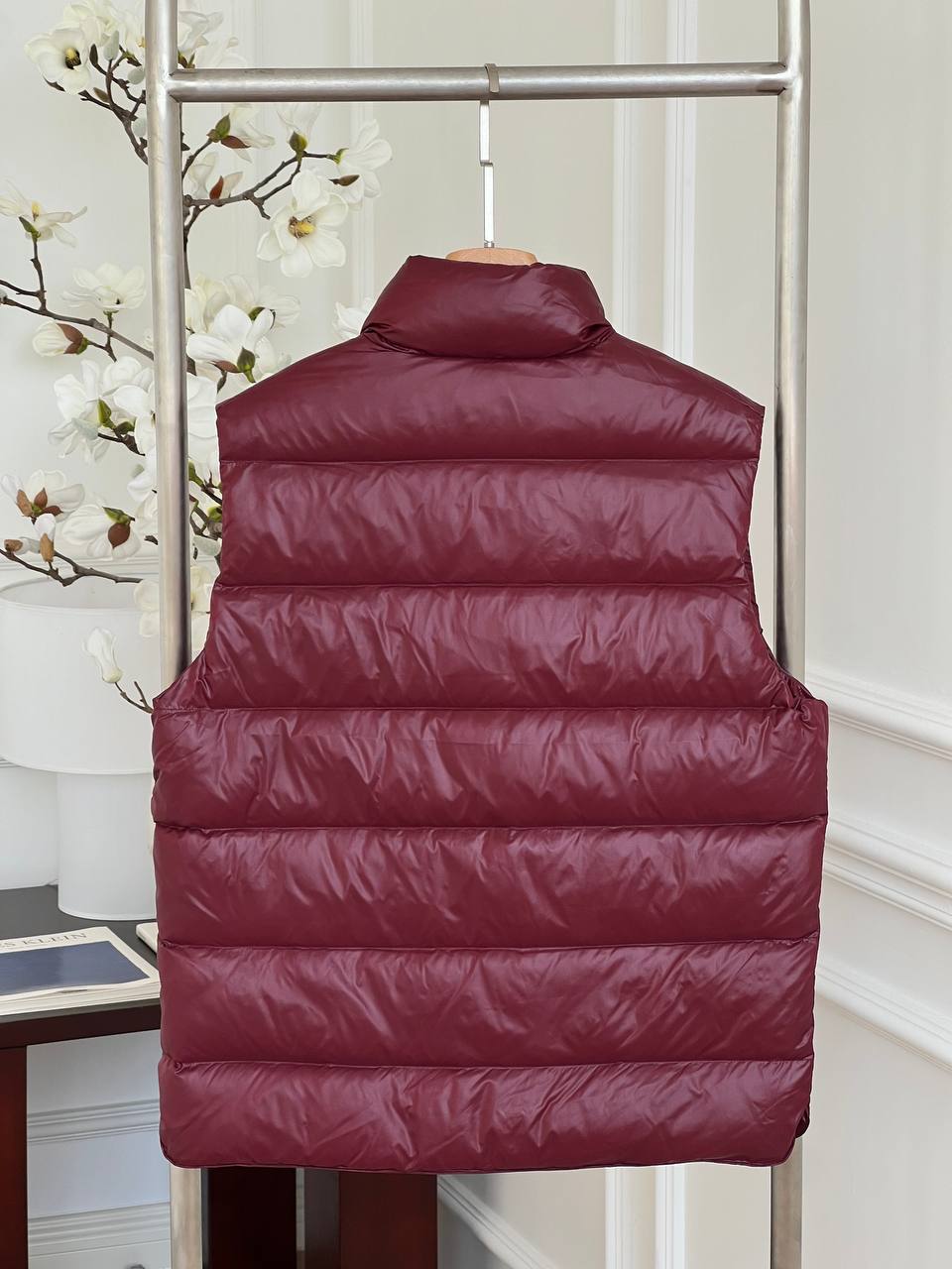 Moncler Burgundy Shiny Nylon Stand Collar Light Down Gilet Vest