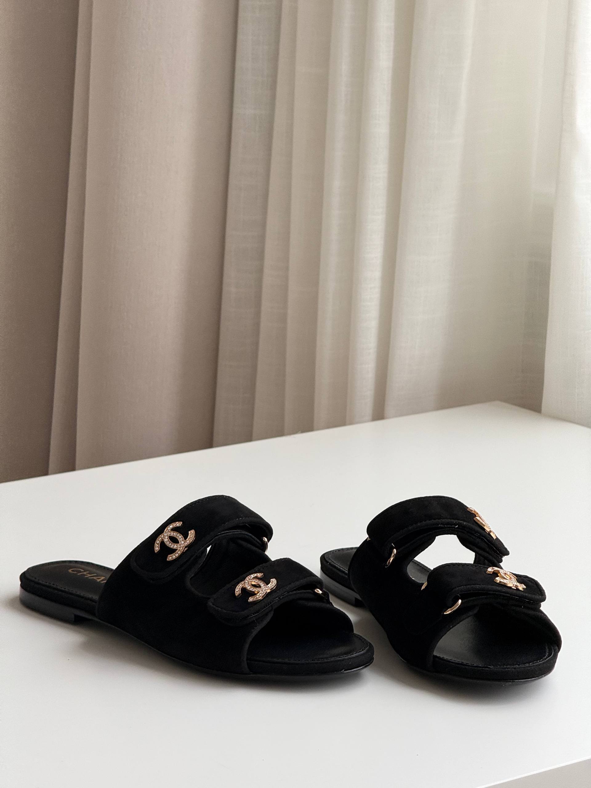 Chanel Suede Double Strap Slide Sandals with Crystal CC Turnlocks