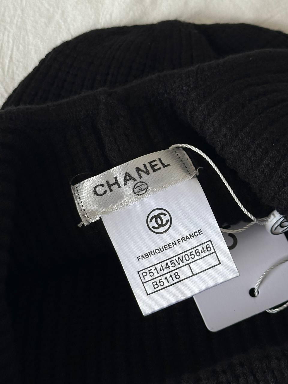 Chanel Black Vertical Rib Knit Ear Flap Hat With Off-white Jacquard CC Logo
