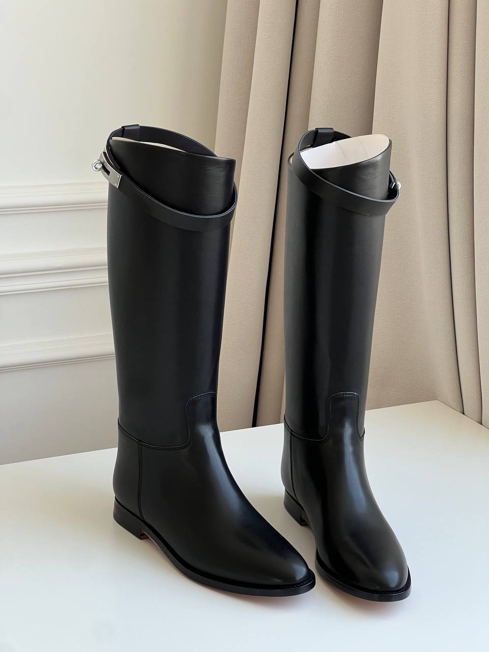 Black Smooth Leather Buckle Strap Low Heel Straight Knee-High Riding Boots