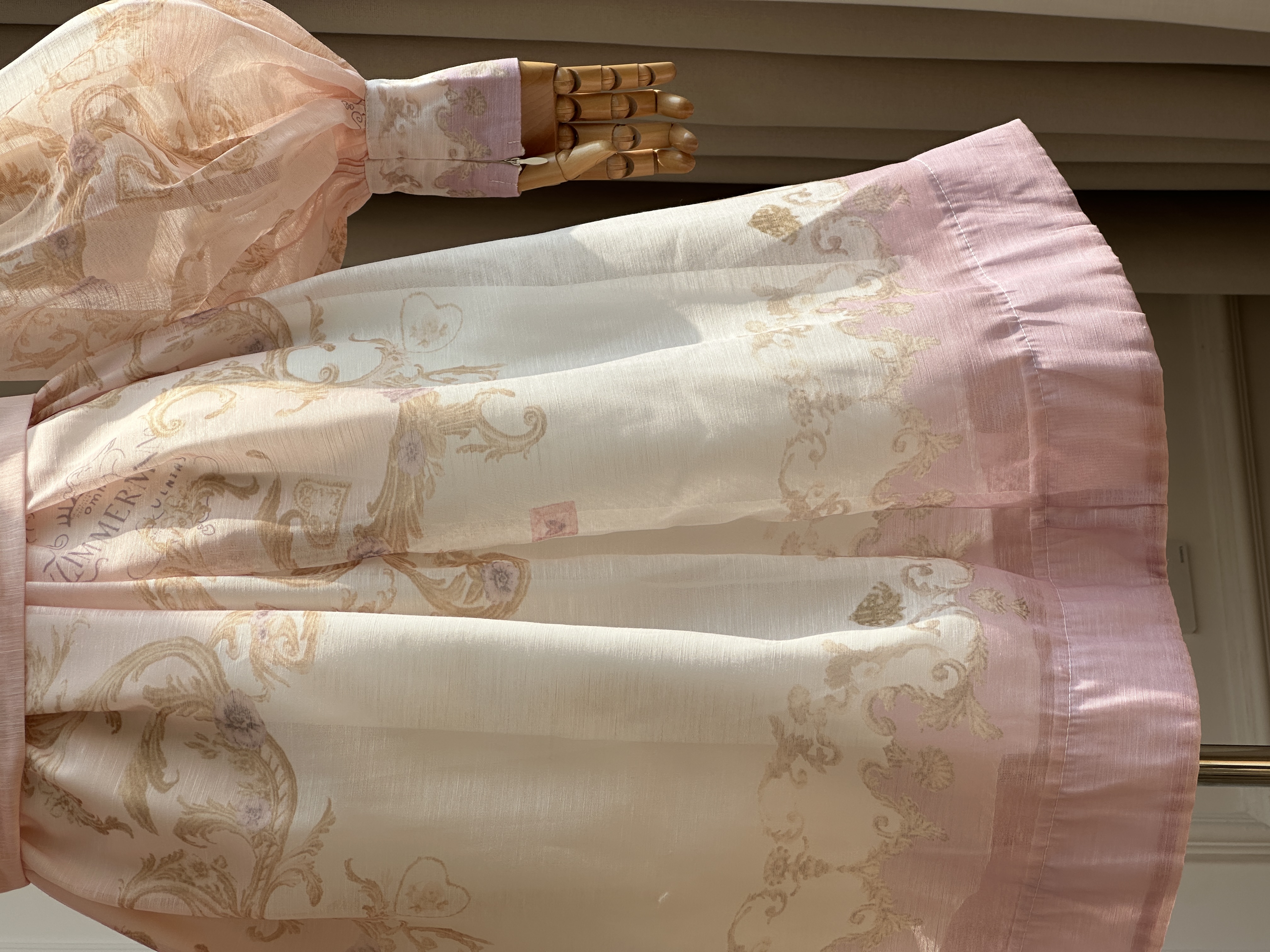 French Stand Collar Baroque Print Lantern Sleeve Waist Tie Mini Dress