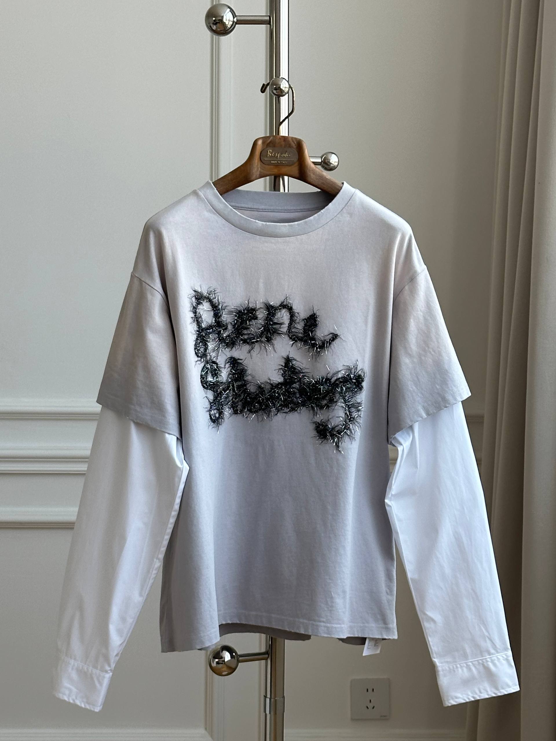 Crew Neck Furry Letter Patchwork Fake Two-Piece Long Sleeve Tee