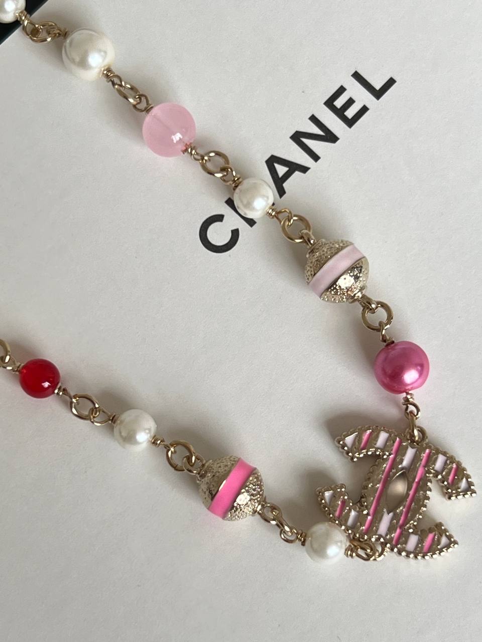 Chanel Light Gold Necklace With Pink Stripe Enamel CC, Pink Beads & Faux Pearls Adjustable
