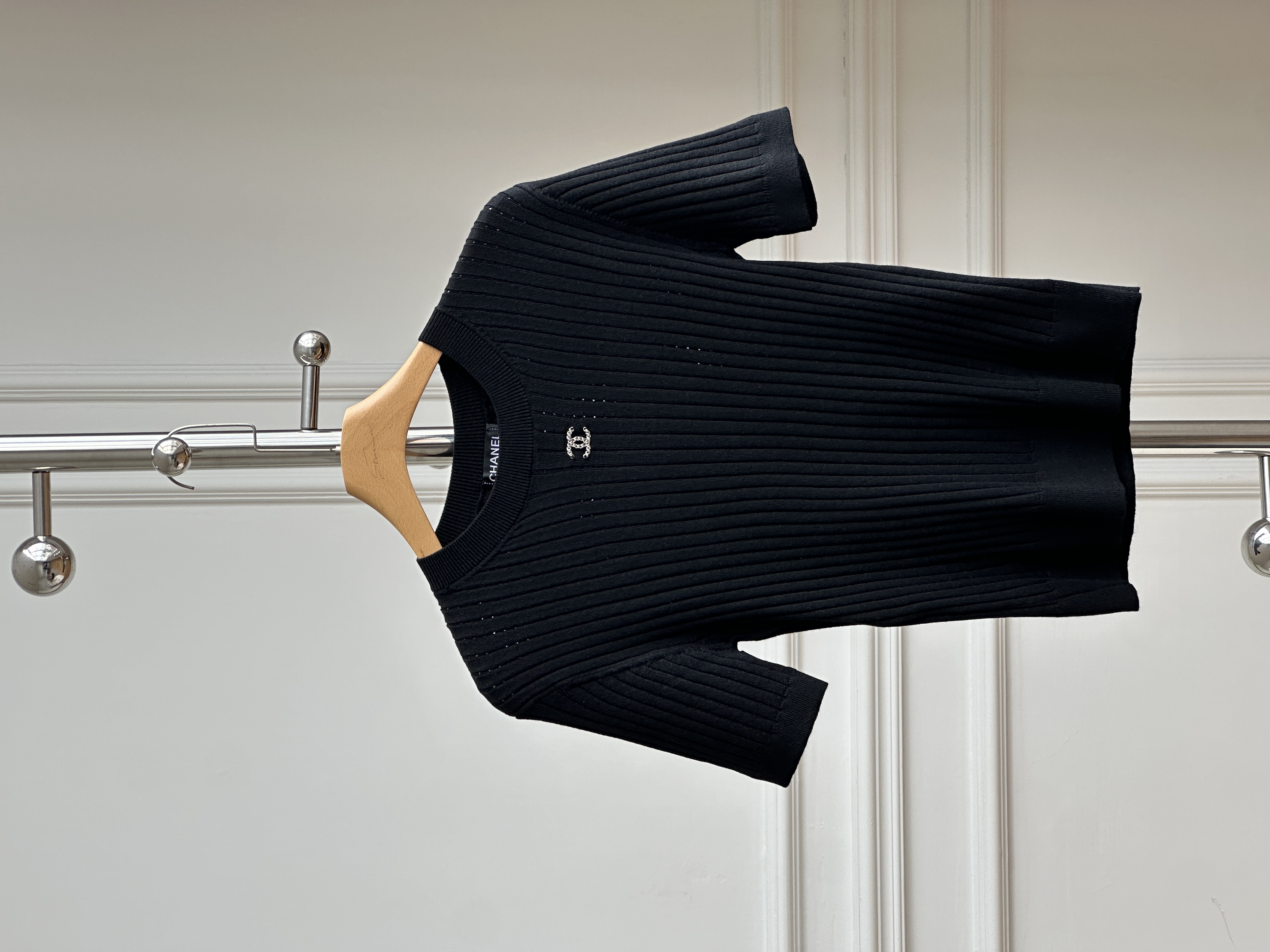 Chanel Black Ribbed Knit Short-Sleeve Top with Crystal CC Logo
