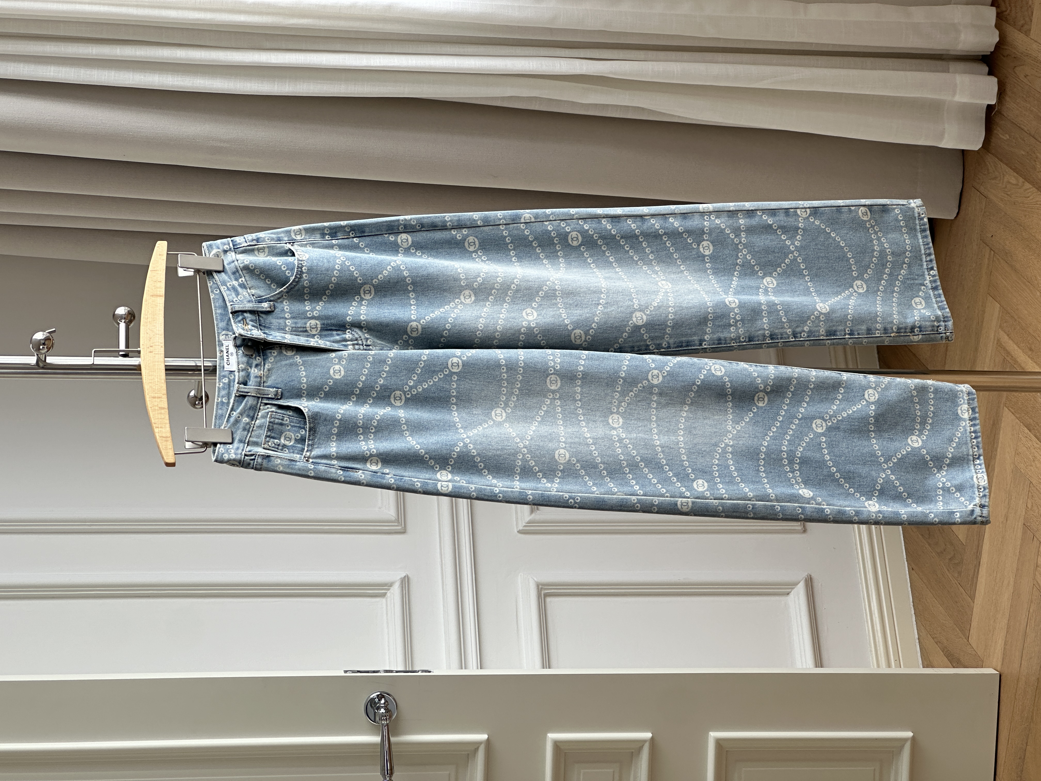 Chanel 25P Light Blue Pearl Chain Print Straight-Leg Jeans