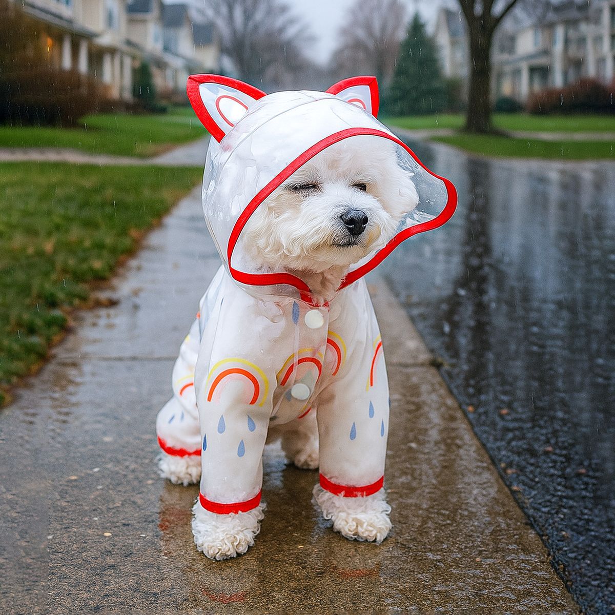 Transparent Four Legged Raincoat Cat Ear Hood Rainbow Raindrop Waterproof Jumpsuit for Small Dogs - MAISONKAIRON