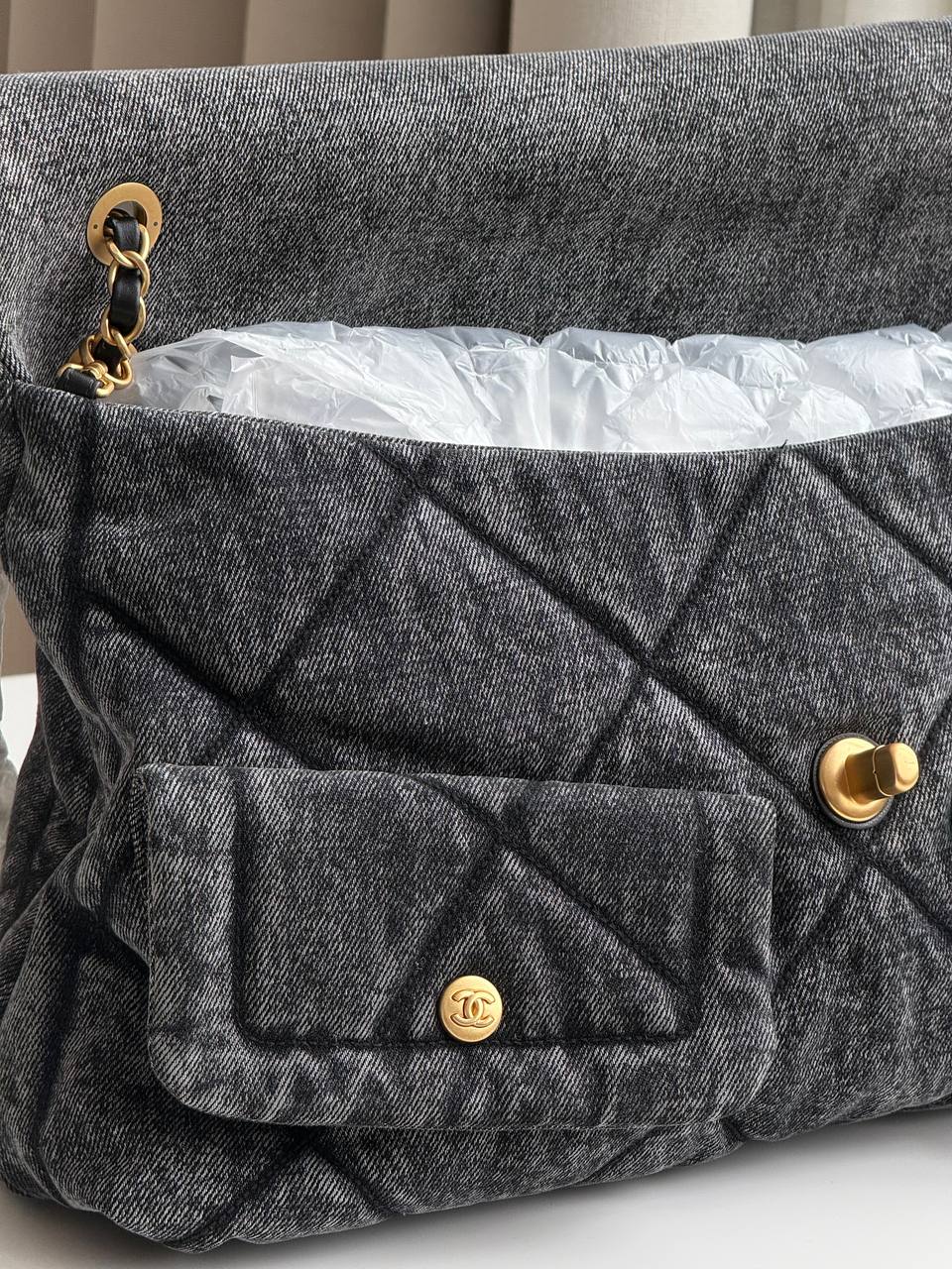CHANEL Washed Black Denim Quilted Large Flap Bag with Gold-Tone Hardware