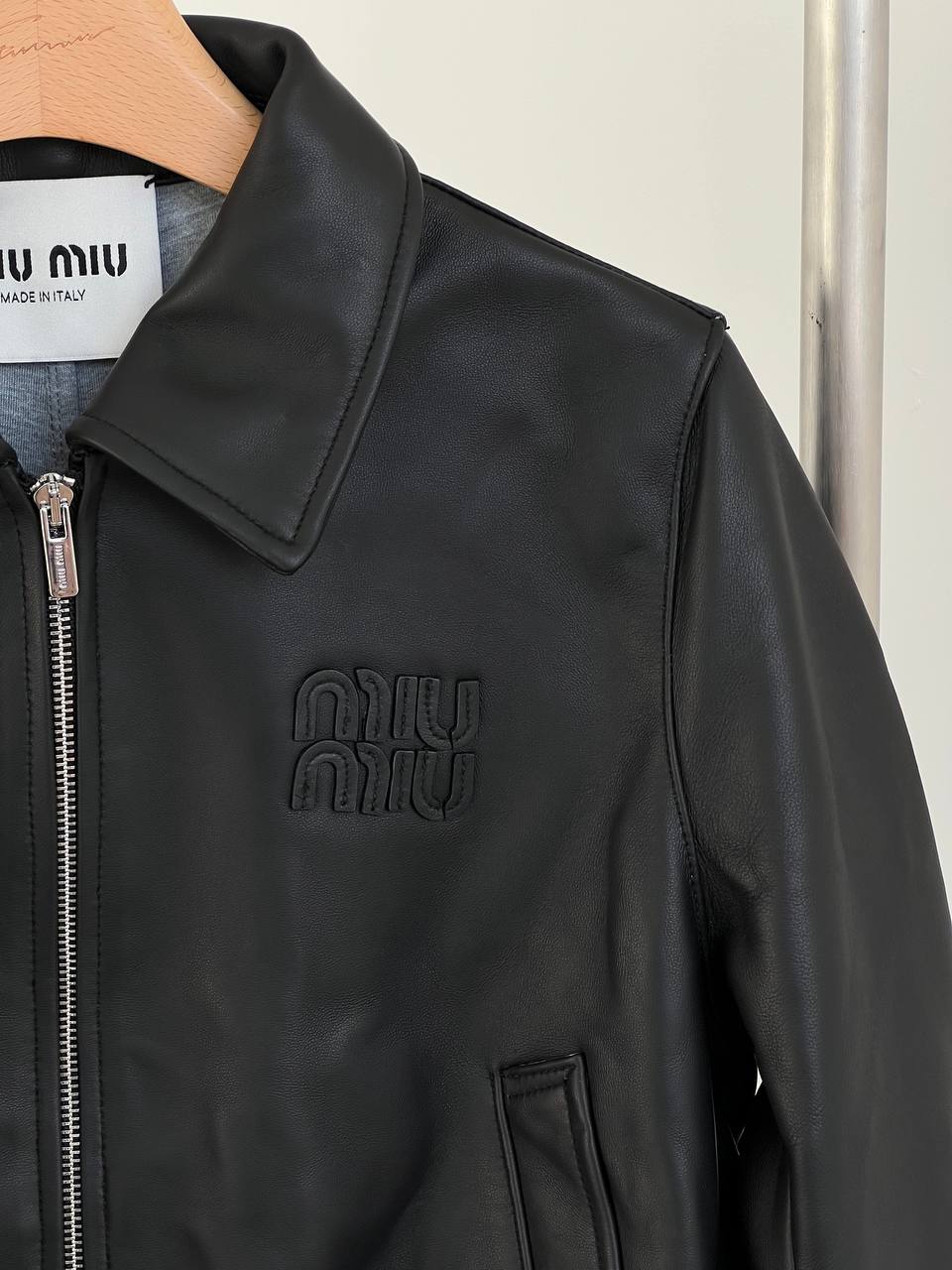 Miu Miu Black Collared Embossed Logo Cropped Lambskin Leather Jacket