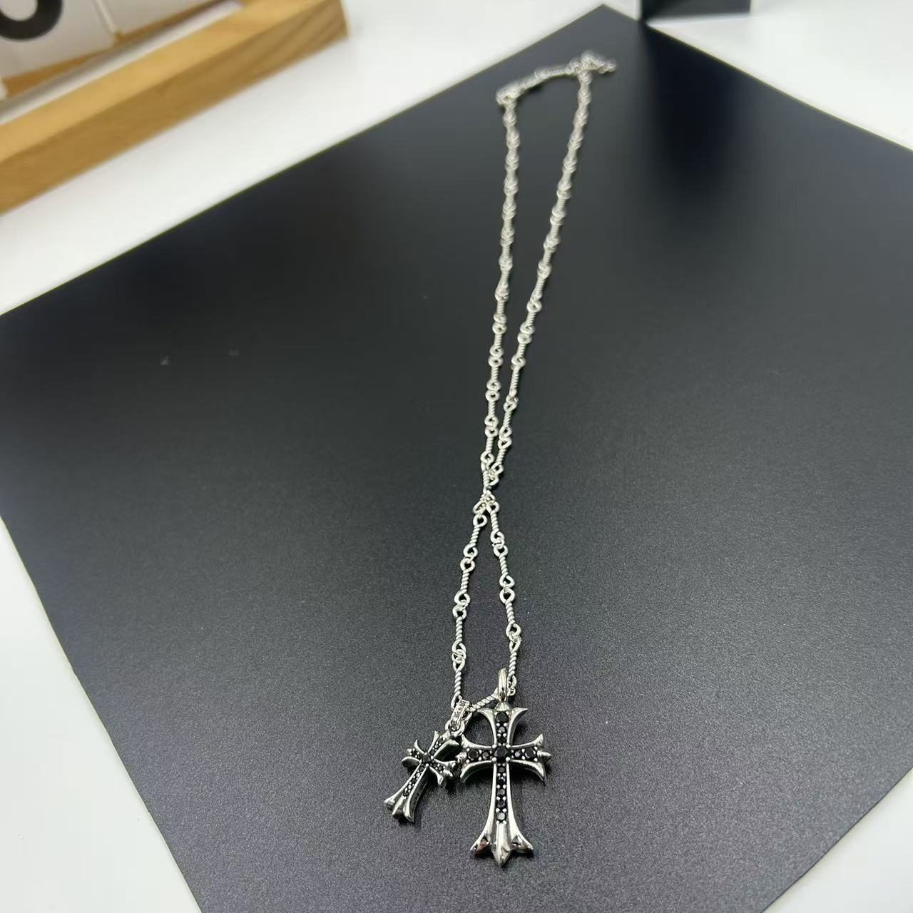 CHROME HEARTS BLACK DIAMOND DOUBLE CROSS LAYERED NECKLACE