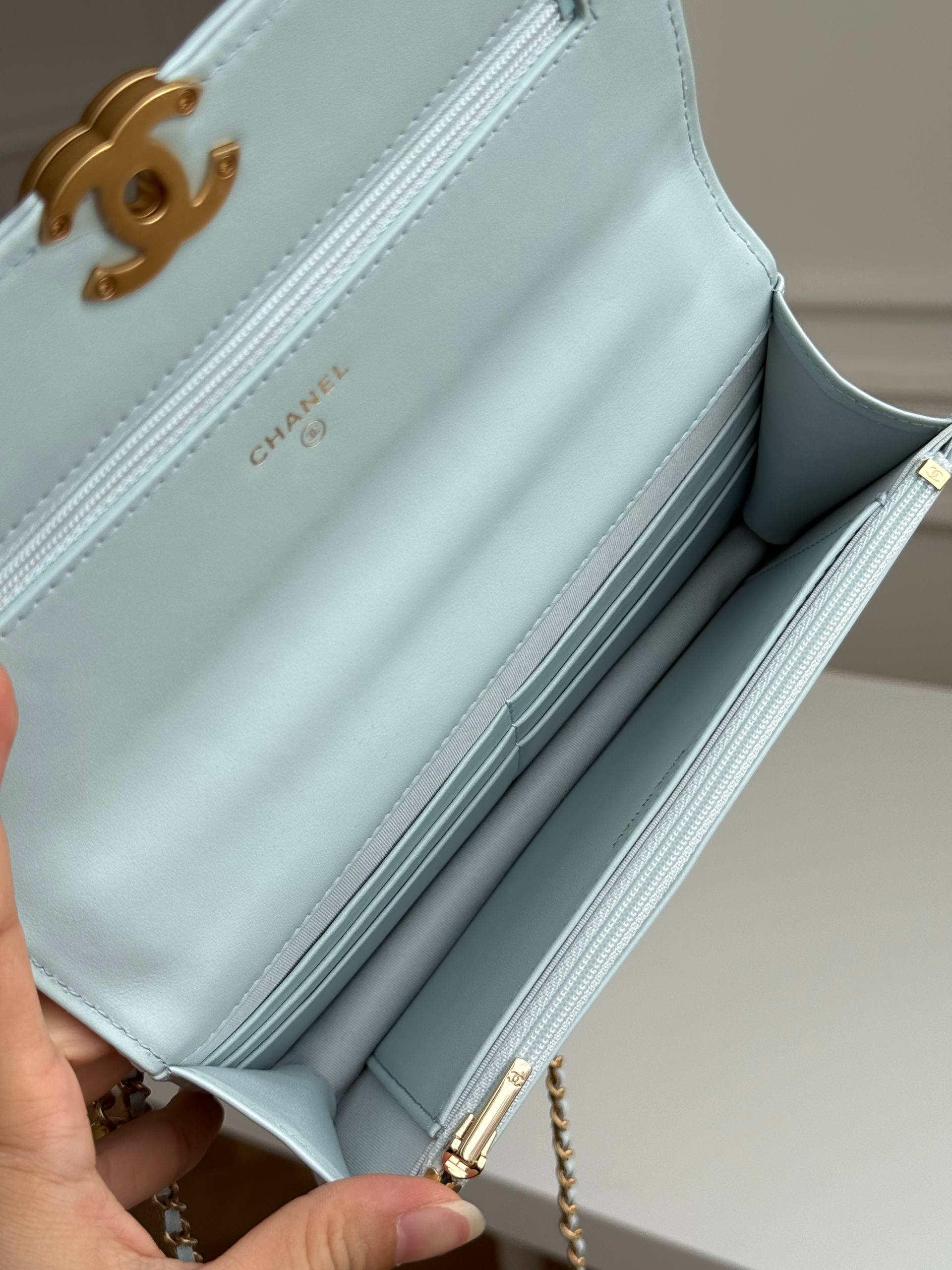 Chanel Pale Blue Lambskin Gold Bead Crossbody Bag