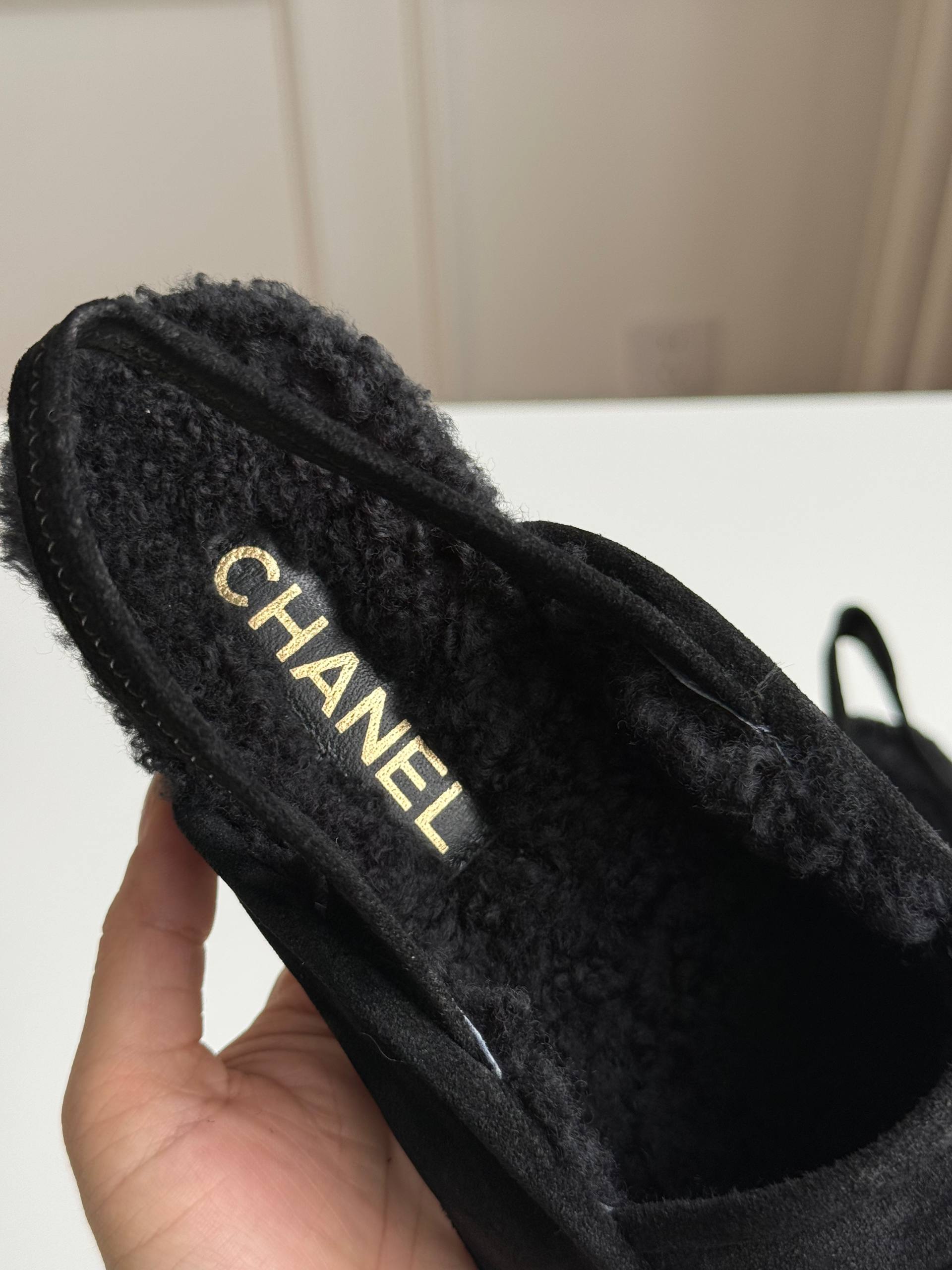 Chanel Suede Shearling Lined Slingback Loafer Mules