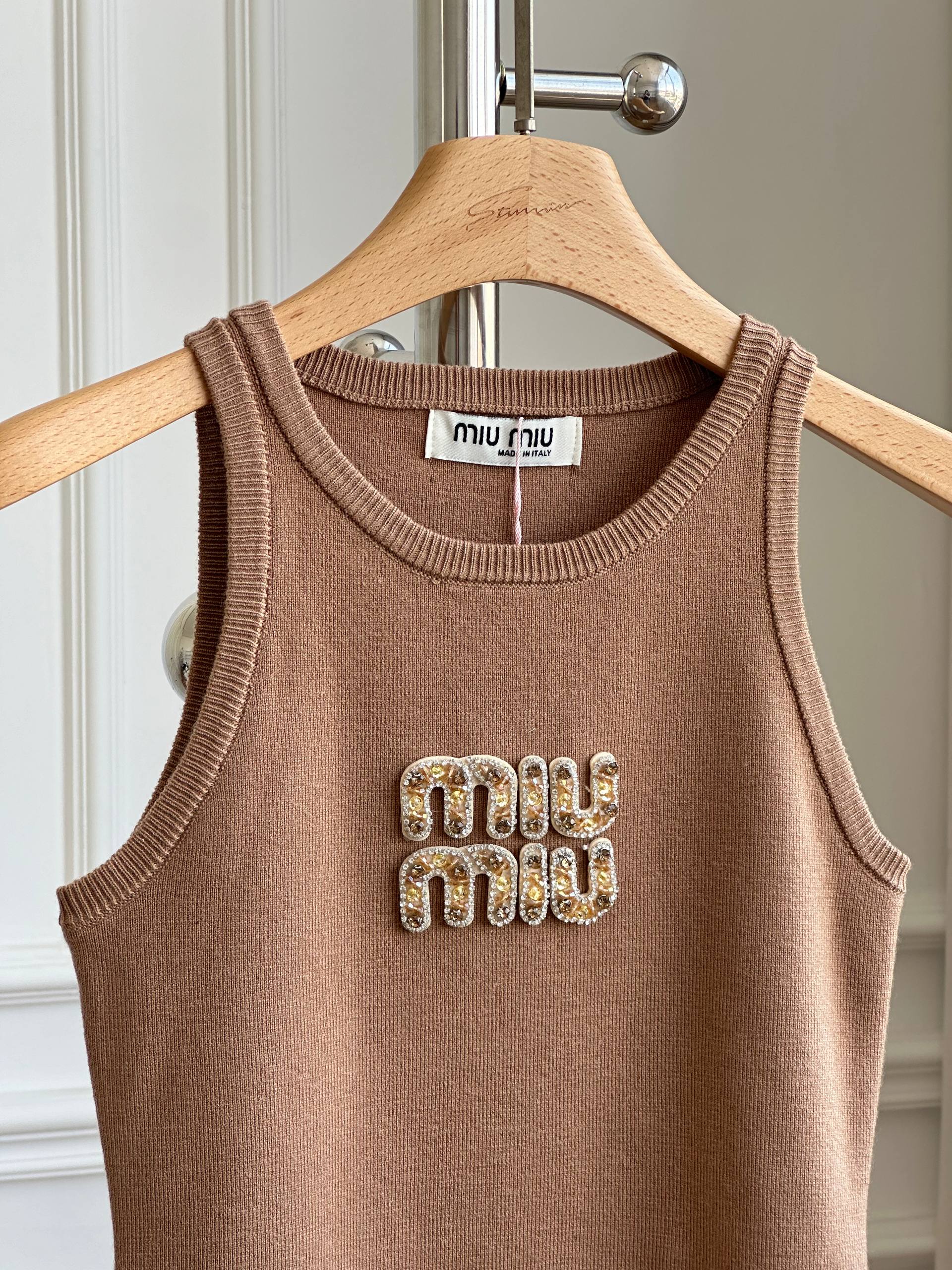 Miu Miu Camel Knit Vest with Crystals