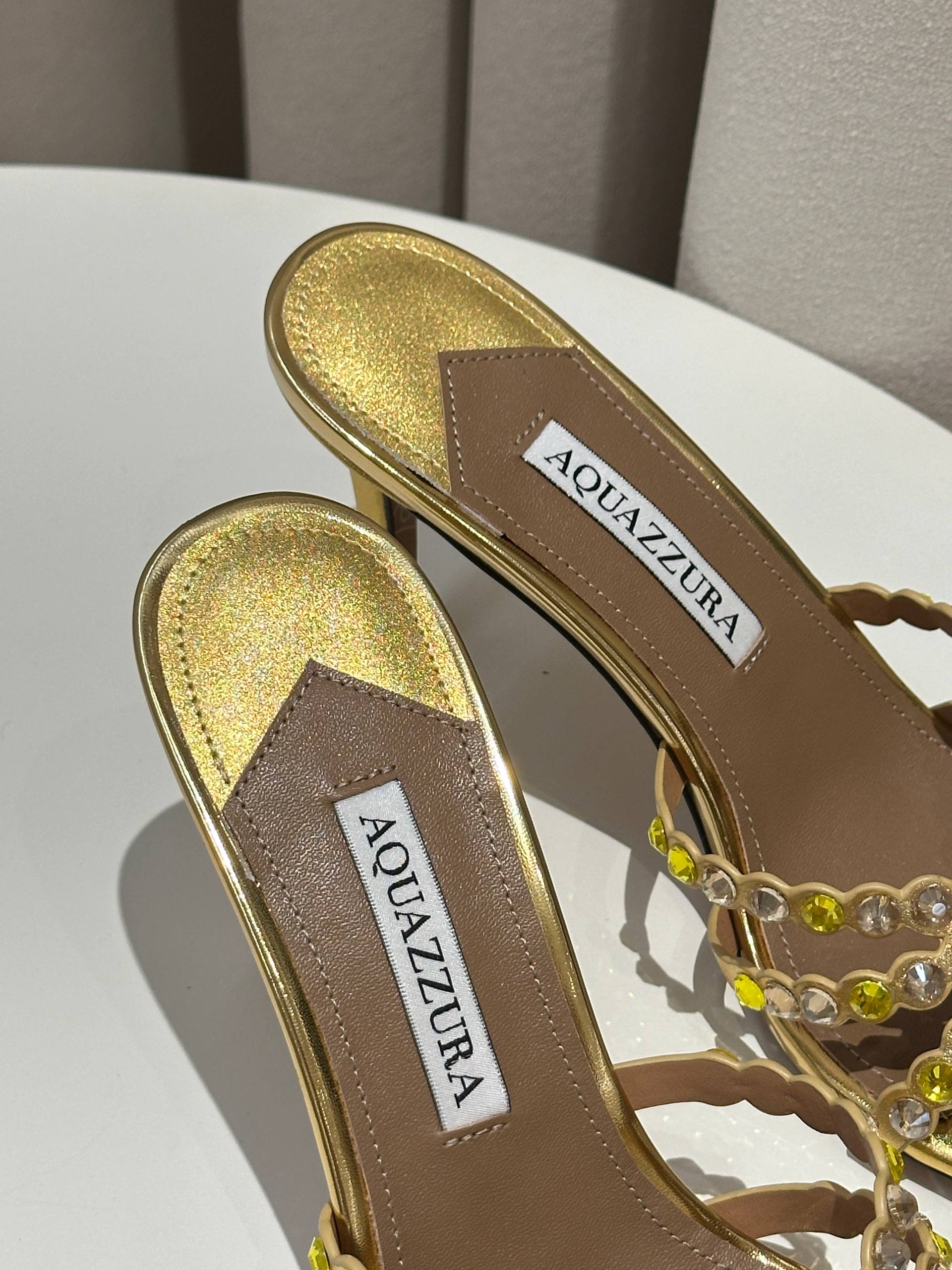 Aquazzura Tequila Mule 75 Crystal-Embellished Gold Leather Sandals