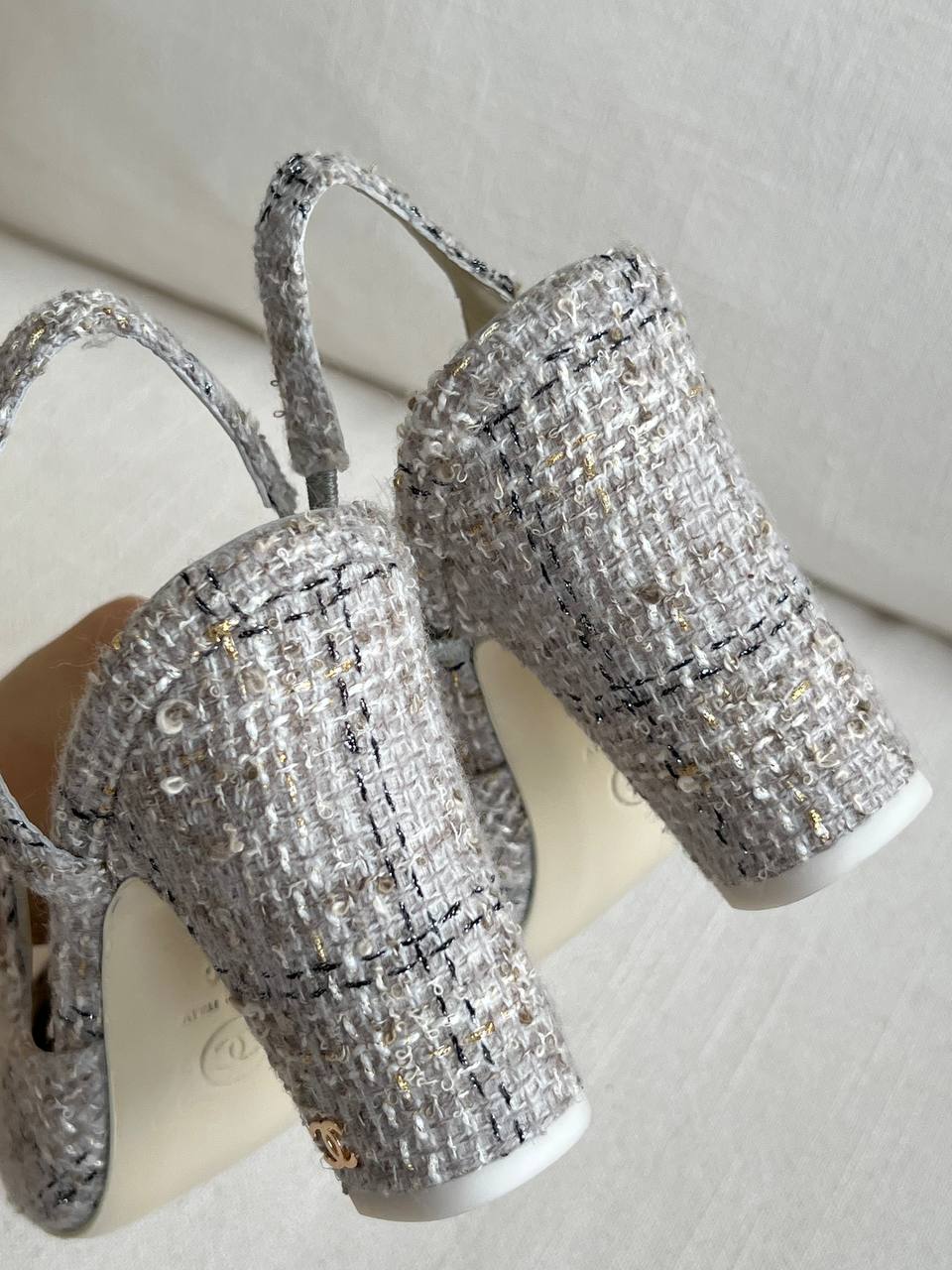 Chanel Grey Tweed & Lambskin Slingback Block Heel Sandals