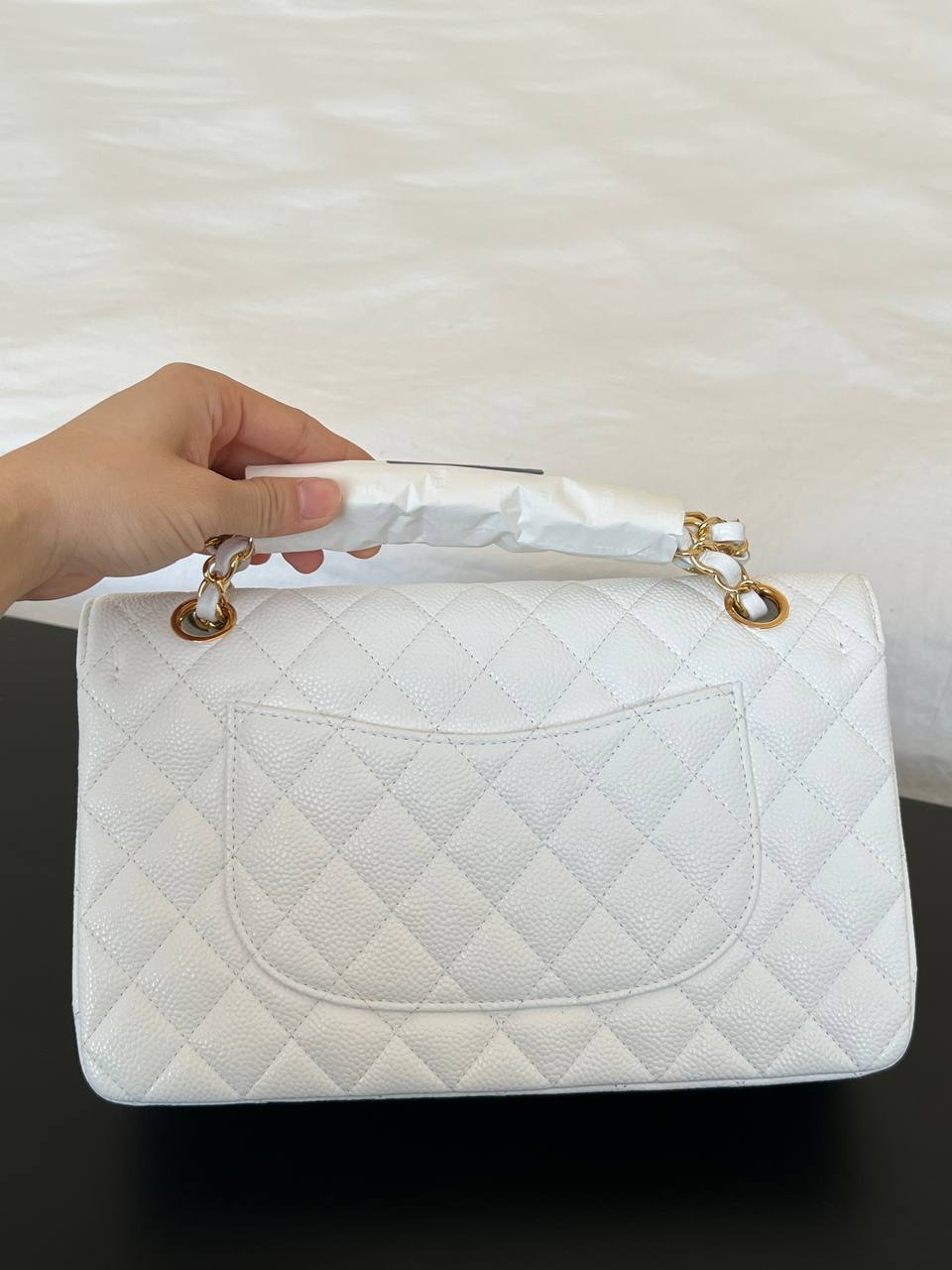 Chanel White Caviar Leather Classic Flap Medium Gold Hardware Handbag