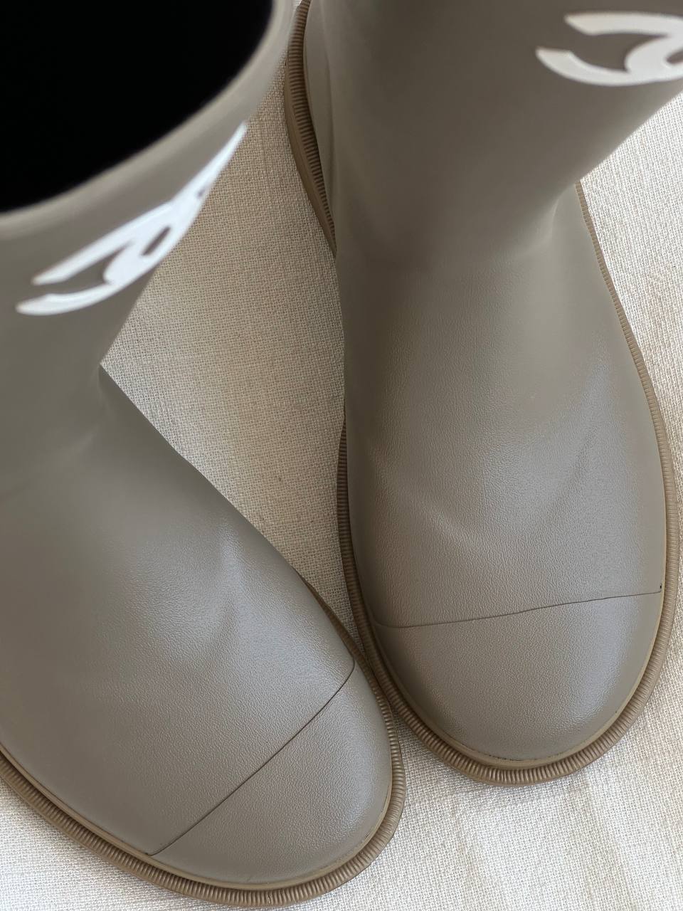 Chanel Milk Tea Tall Rubber Rain Boots With Interlocking CC Logo