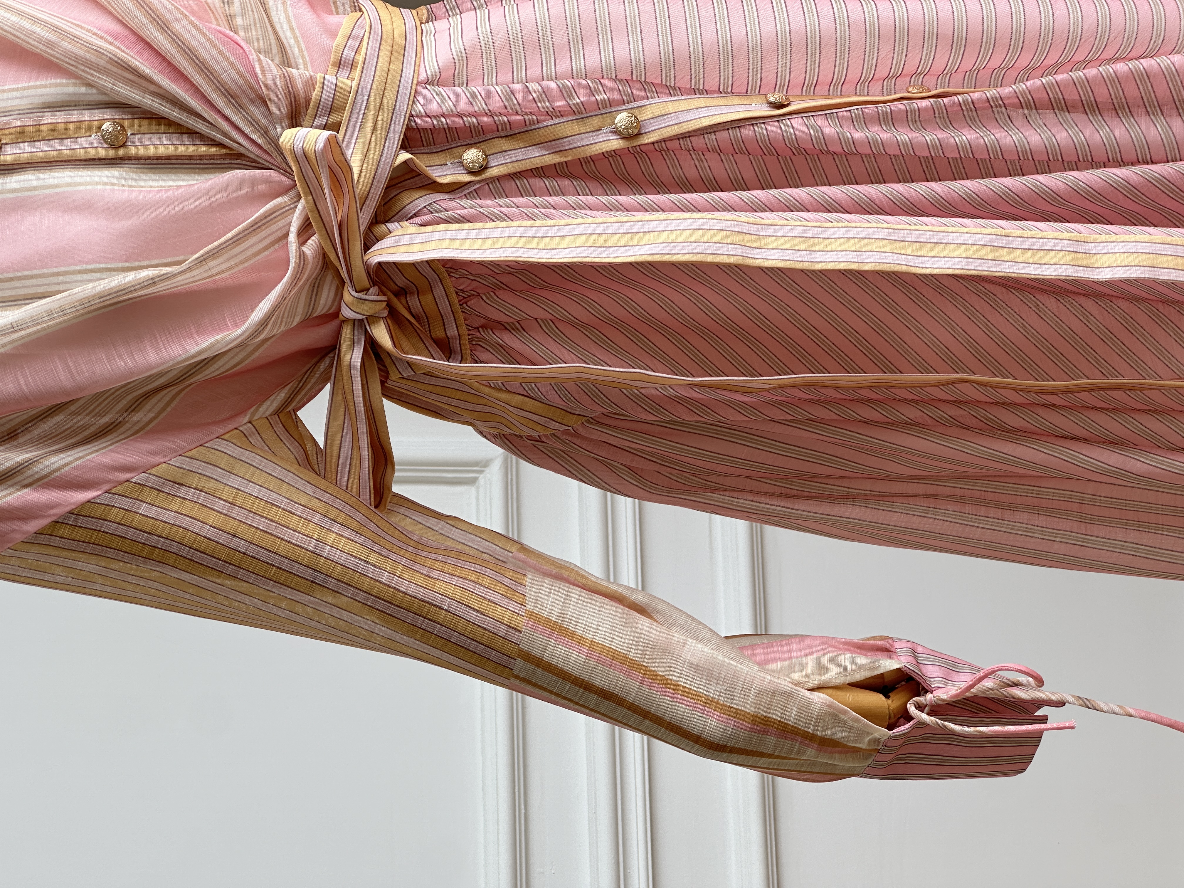 Pink Tone Striped Lapel Cross Wrap Tie-Waist Shirt Maxi Dress