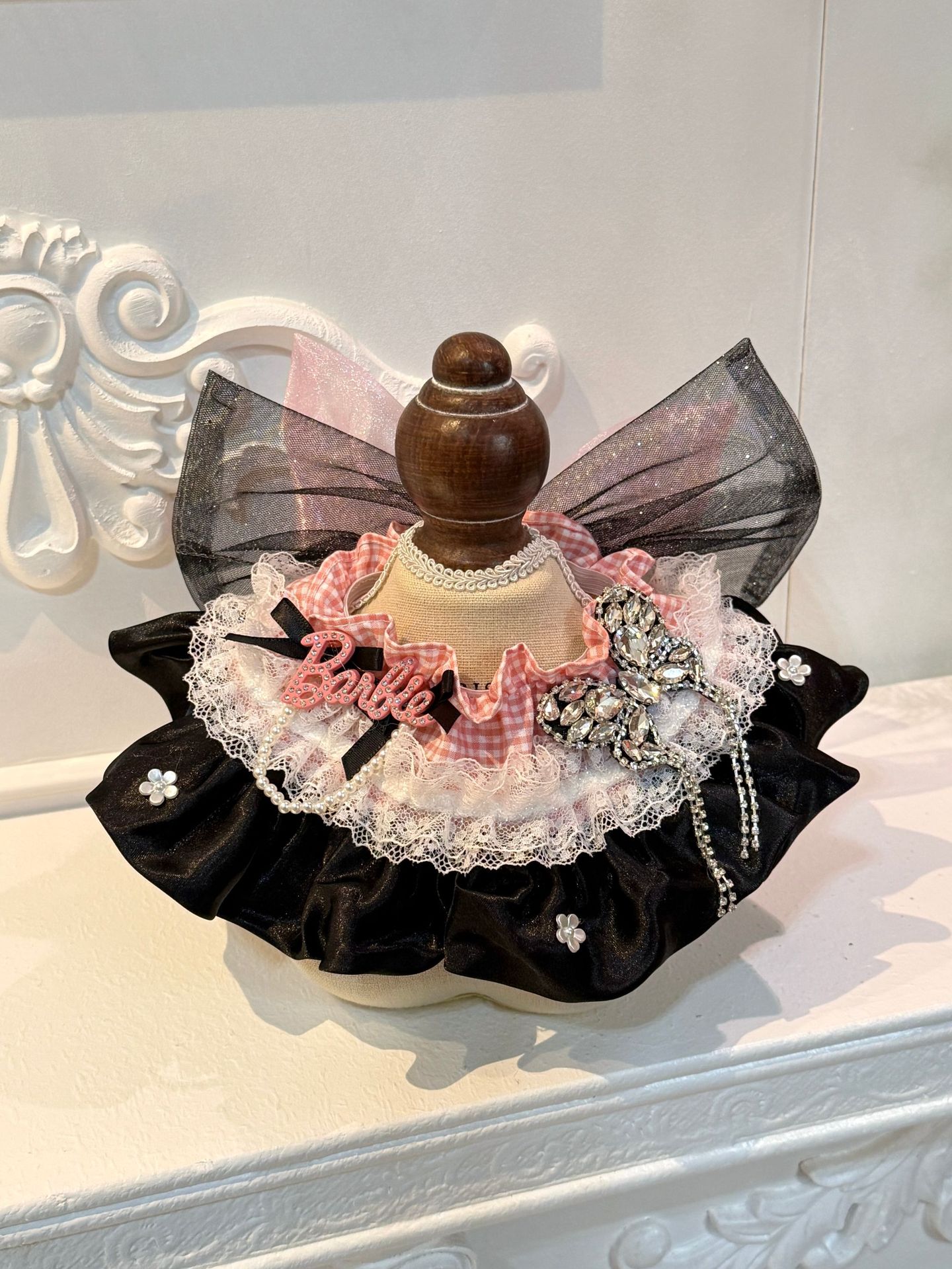 Hand-crafted Pink Black Gingham Pet Bib Barbie Style Lace Ruffle Rhinestone Decor Elastic Neck Scarf - MAISONKAIRON