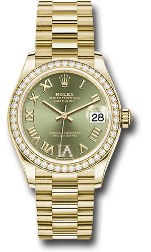 Rolex Yellow Gold Datejust 31 Watch - Diamond Bezel - Olive Green Diamond Six Dial - President Bracelet - 278288RBR ogdr6p【1:1 Replica】