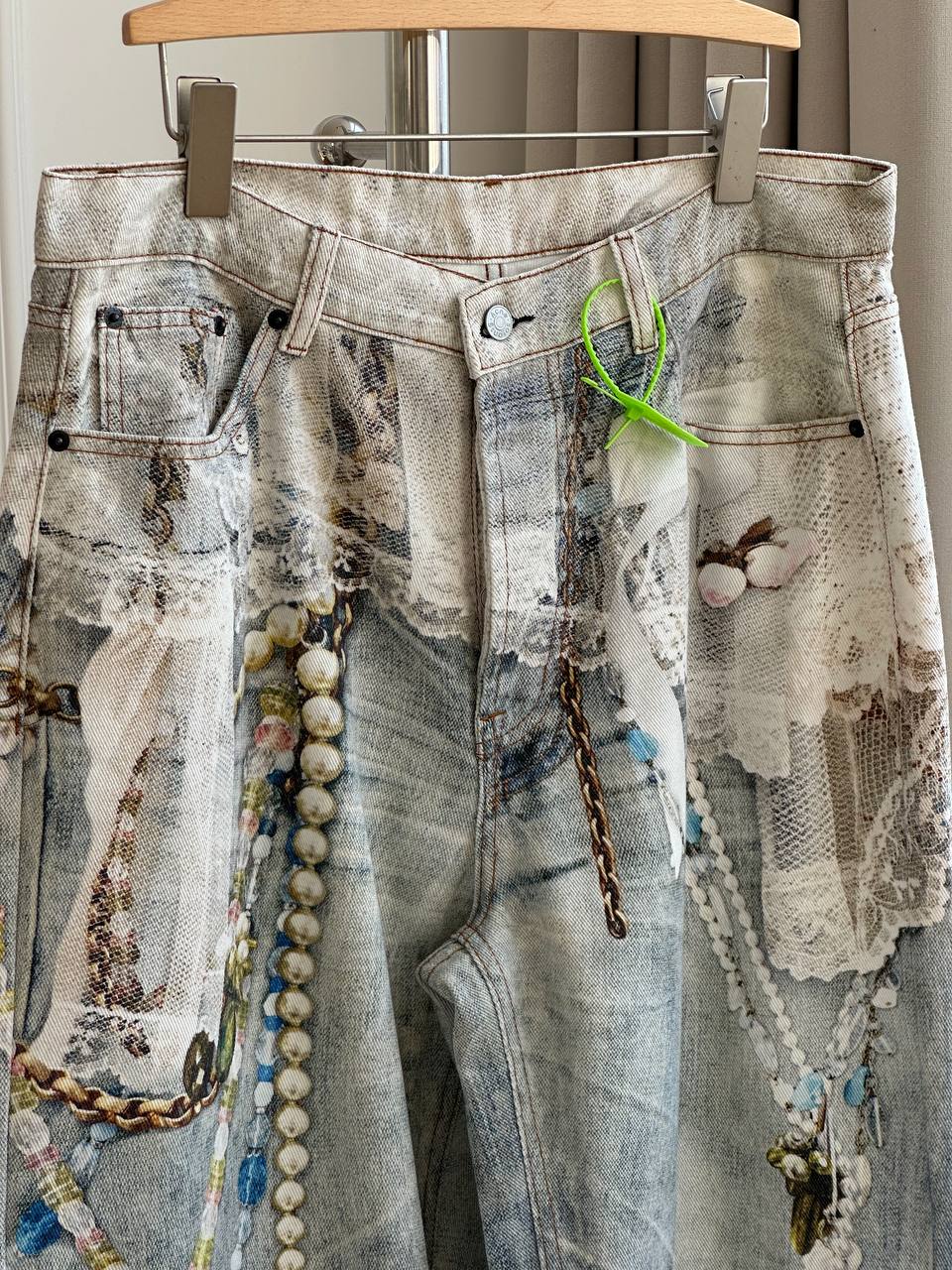 Acne Studios 25FW 2006 Wide-Leg Curved Jeans with Trompe-l'oeil Lace & Pearl Print