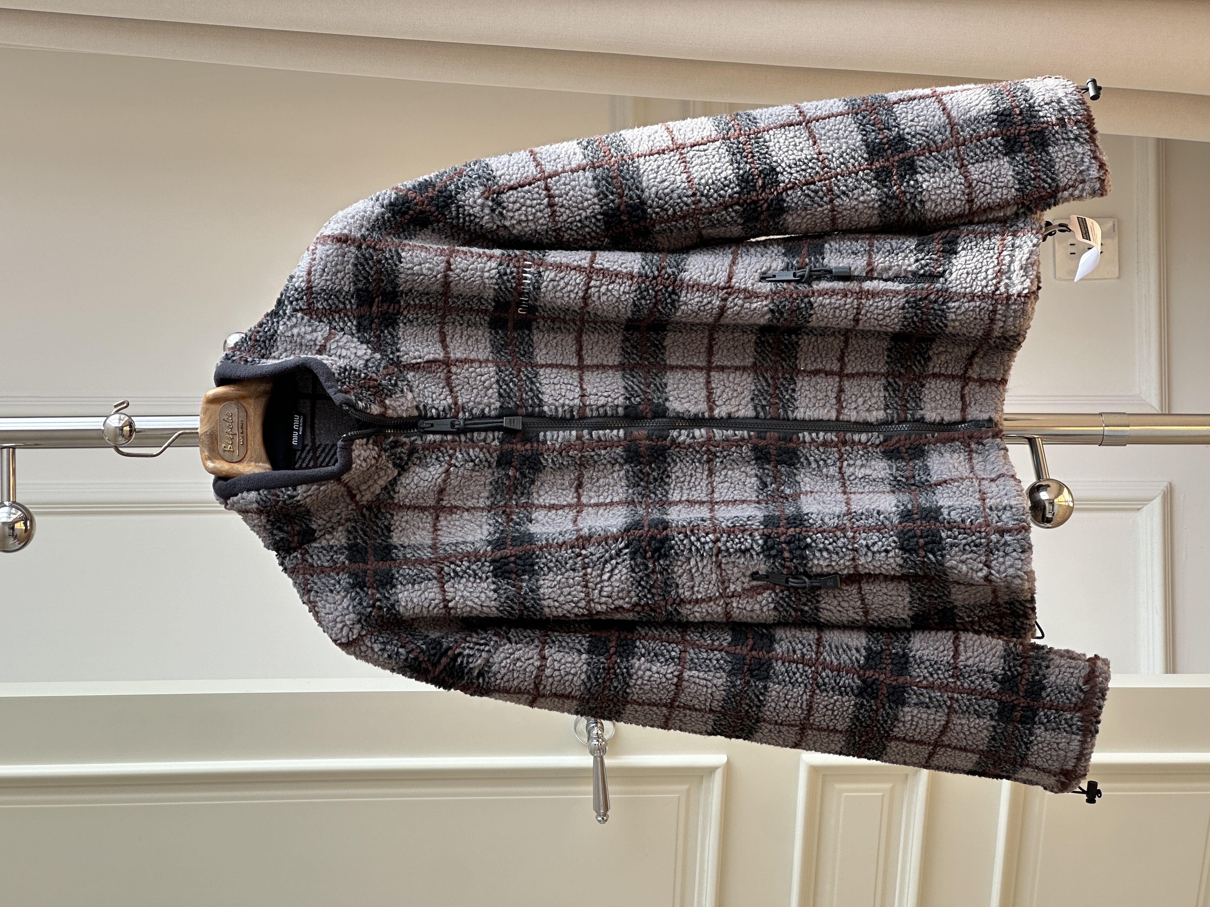 Grey Brown Vintage Plaid Stand Collar Full Zip Fleece Drawstring Hem Casual Short Jacket