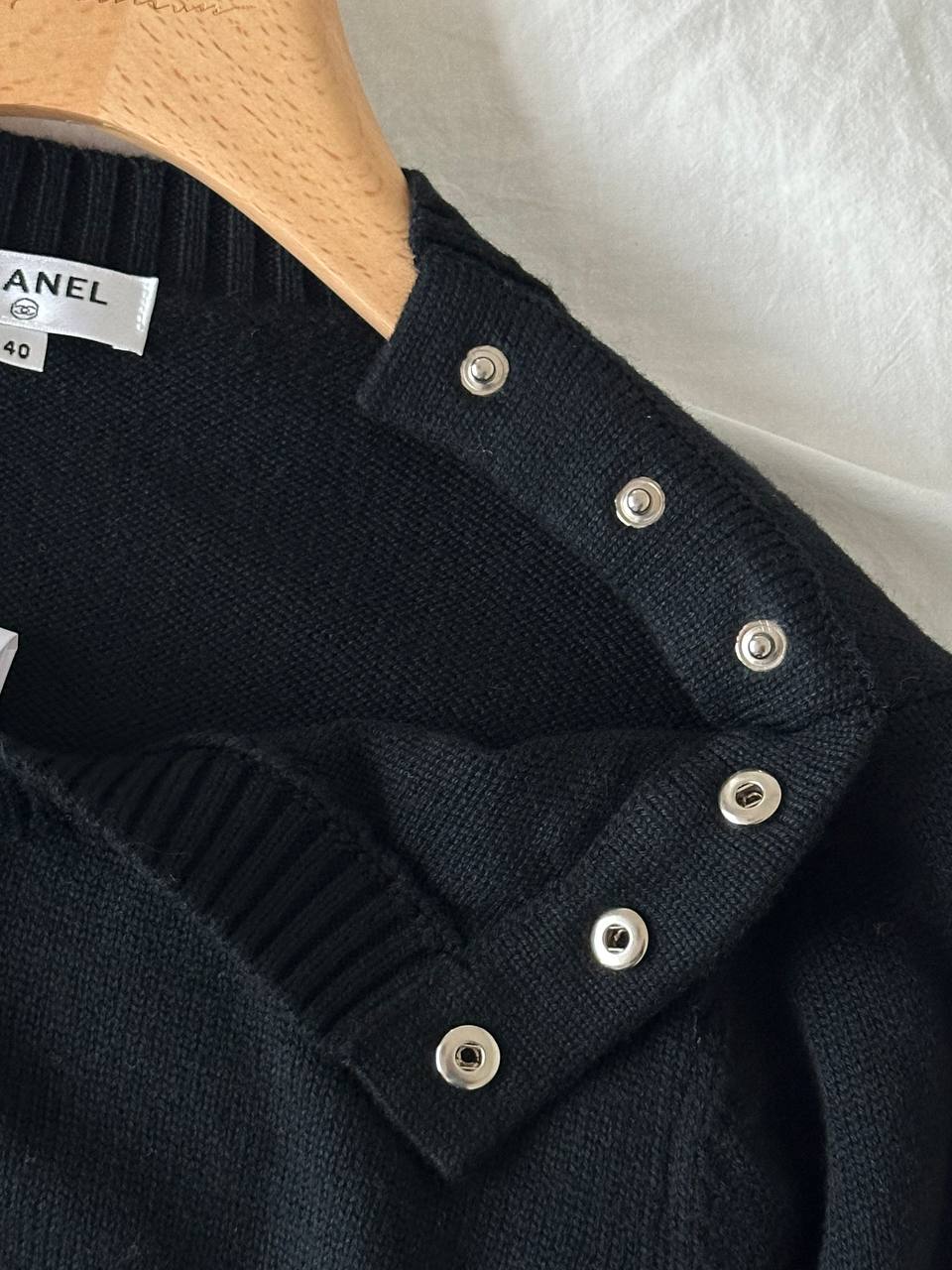 CHANEL Round Neck Wool Knit Sweater with CC Metal Buttons on Shoulder