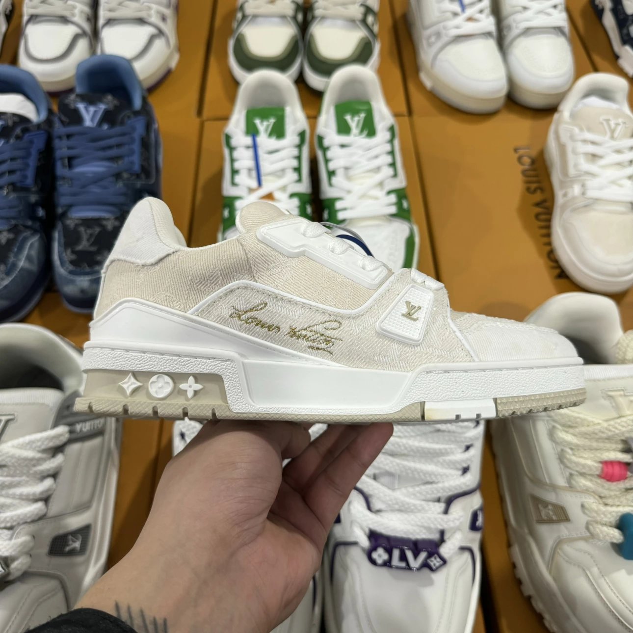 LV Trainer Full Print Logo Denim Beige Color