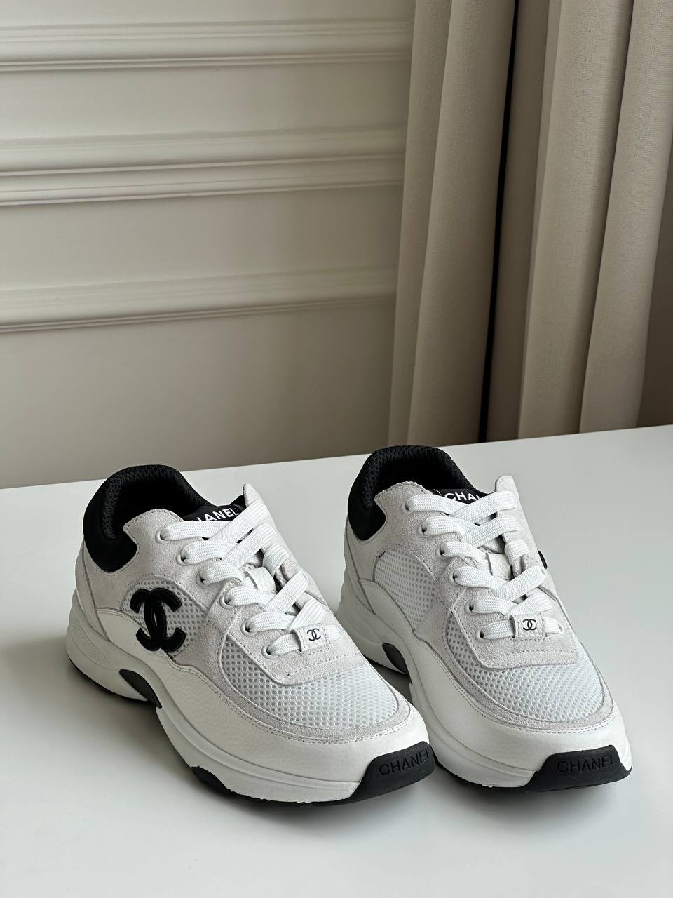 Chanel White Mesh Calfskin Suede Black Interlocking CC Platform Sneakers