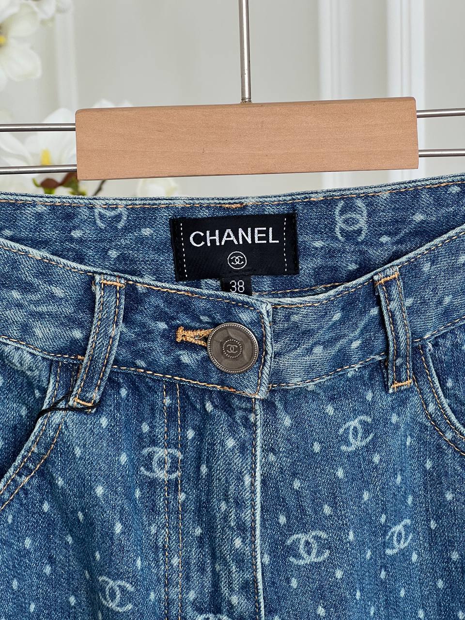 Chanel Blue Washed Denim CC Logo Printed Wide-Leg Jeans