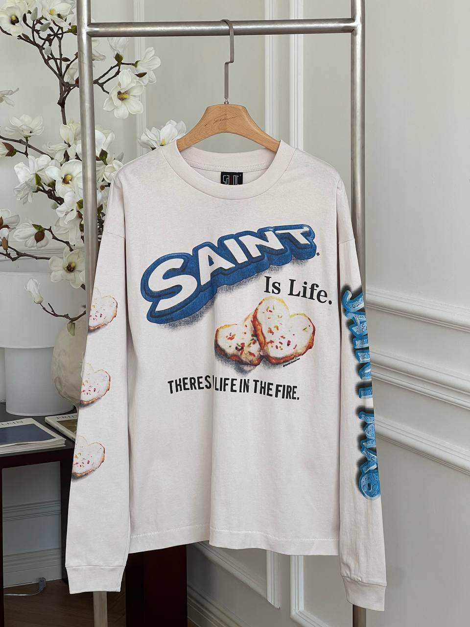 Saint Michael Off-white Heart Toast Print Oversized Crewneck Long Sleeve Tee