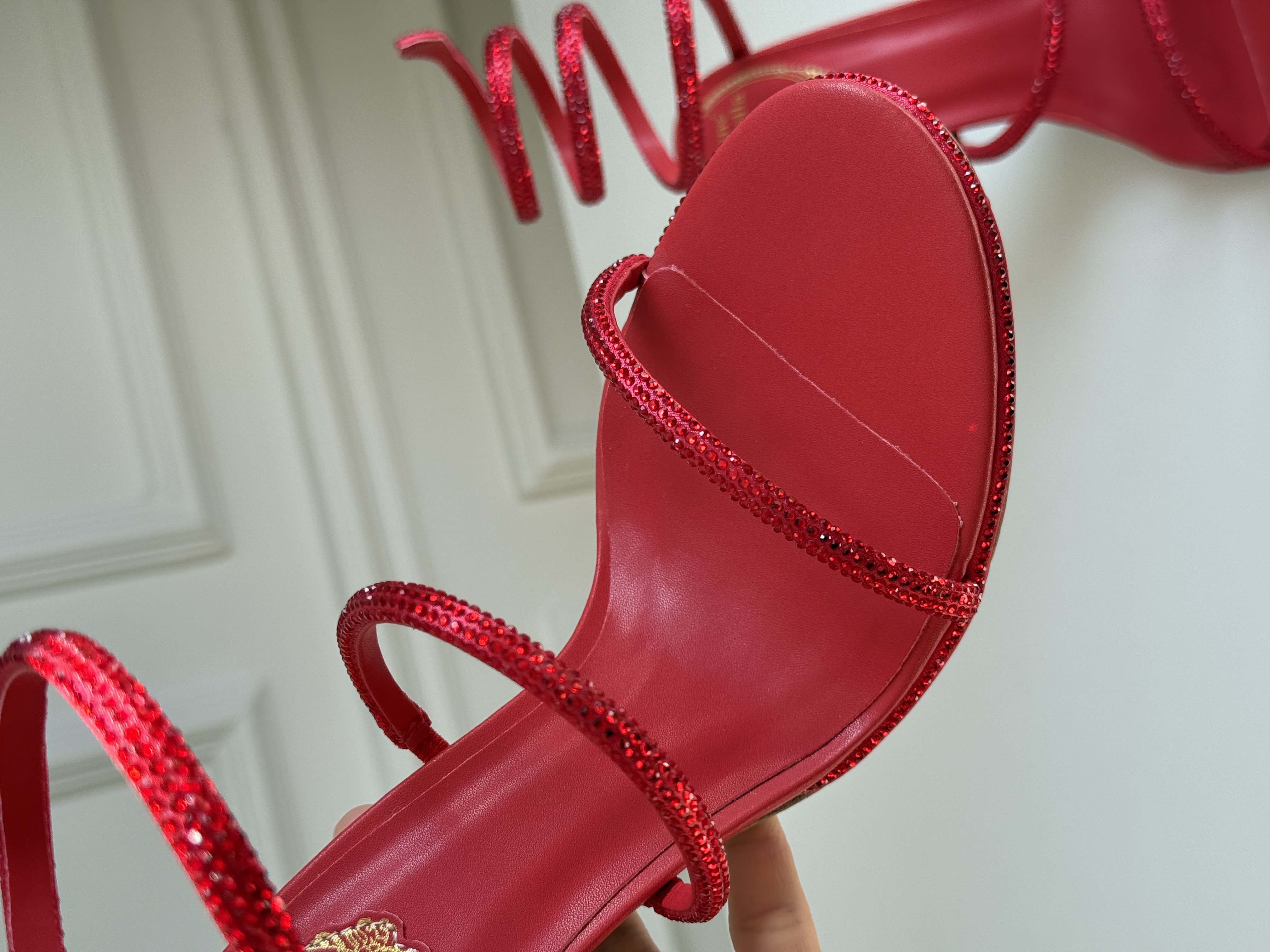 Bright Red Rhinestone Coiled Snake Ankle Wrap Open Toe Stiletto Sandals