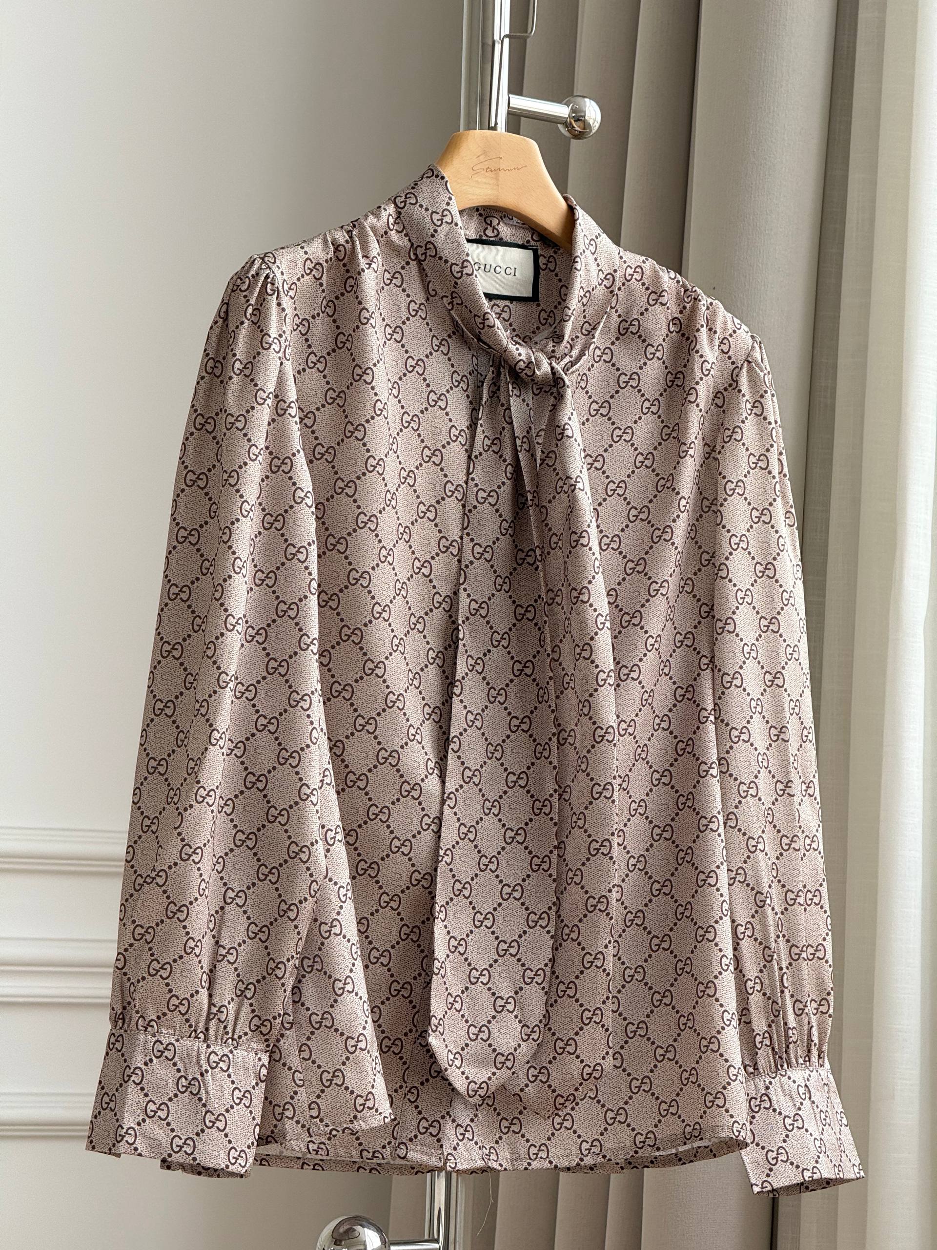 Gucci All-over GG Monogram Bow Tie Neck Satin Blouse