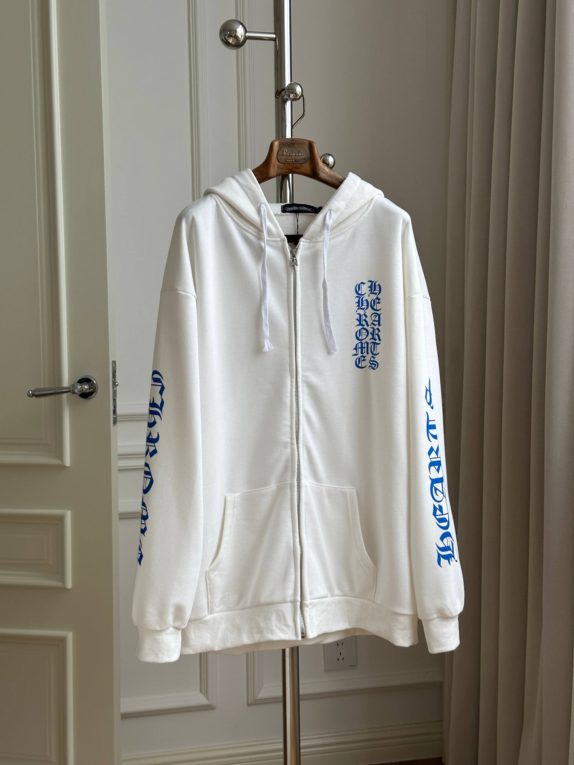 Chrome Hearts White Zip-up Hoodie with Blue Gothic Letter Print