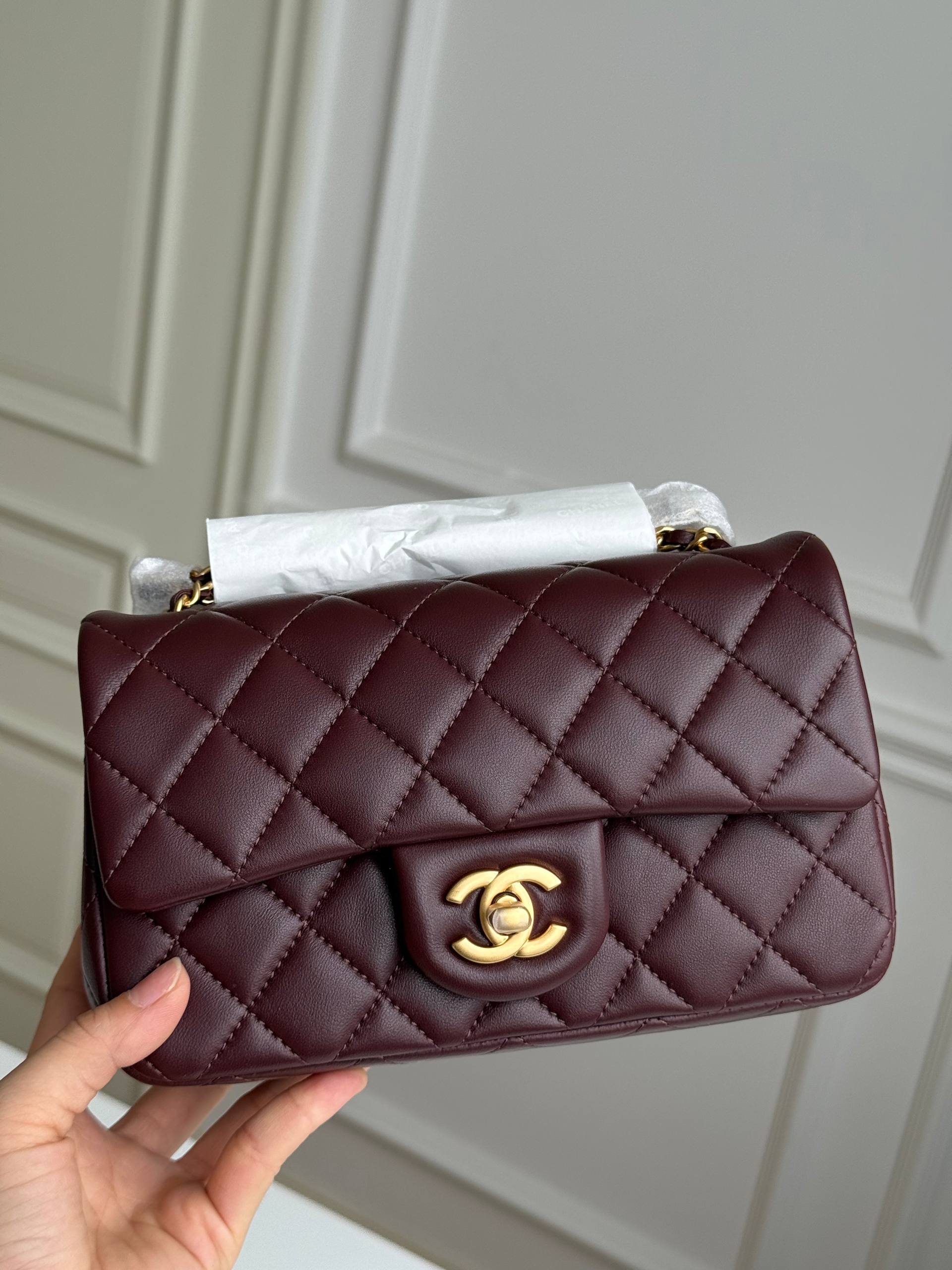 Chanel Mini Classic Flap Burgundy Lambskin Crossbody Bag