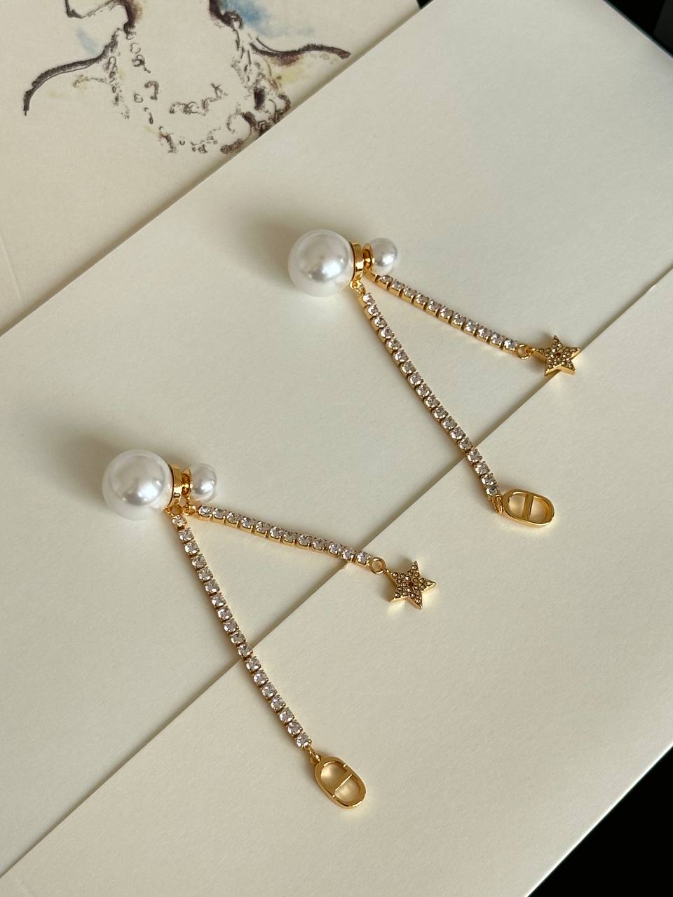 Dior Pearl Double Rhinestone Chain Star CD Charm Long Drop Earrings