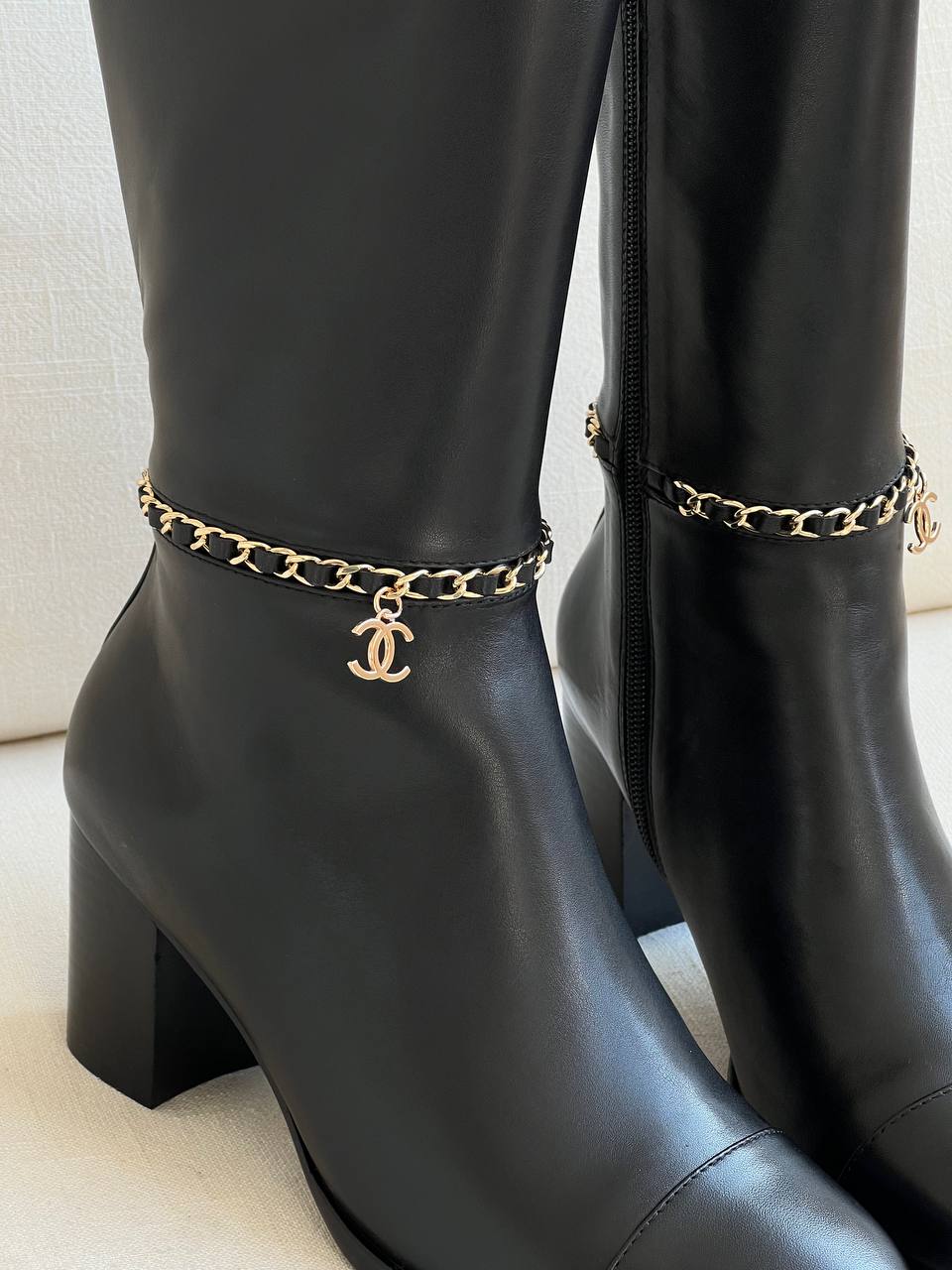 CHANEL Black Smooth Leather Chain CC Logo Block Heel Knee-High Boots