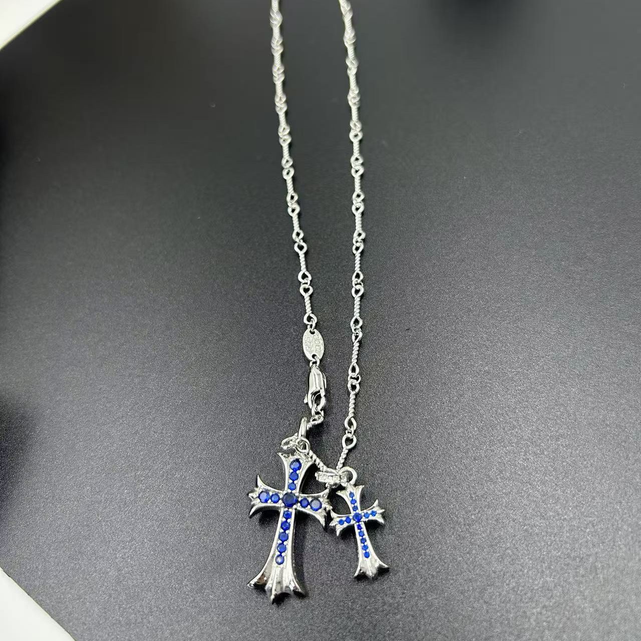 CHROME HEARTS BLUE DIAMOND DOUBLE CROSS LAYERED NECKLACE