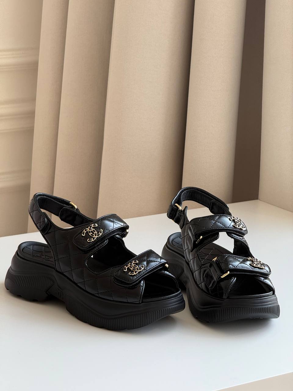 CHANEL Quilted Lambskin Velcro Platform Sandals