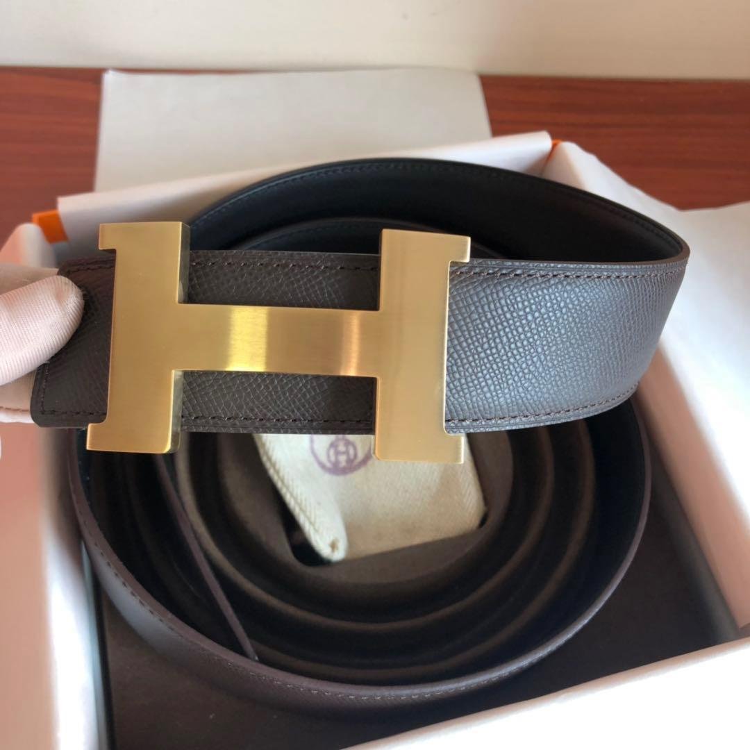 Hermes Mini Constance Guillochee Belt Buckle & Reversible Grey For Women, Women Belt 380MM