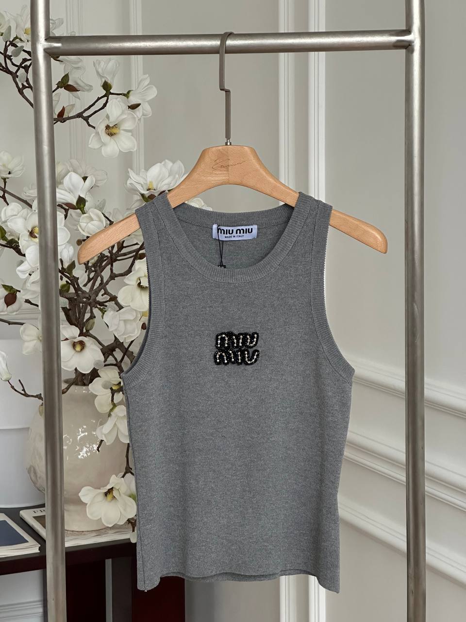 MIU MIU Rhinestone Beaded Logo Slim Crew Neck Knit Tank Top