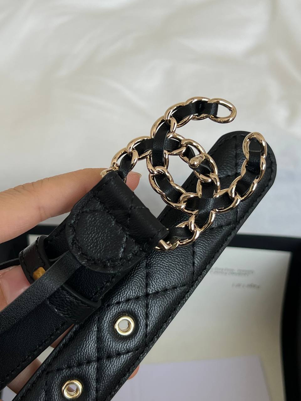 CHANEL Interwoven Chain CC Buckle Quilted Calfskin Belt