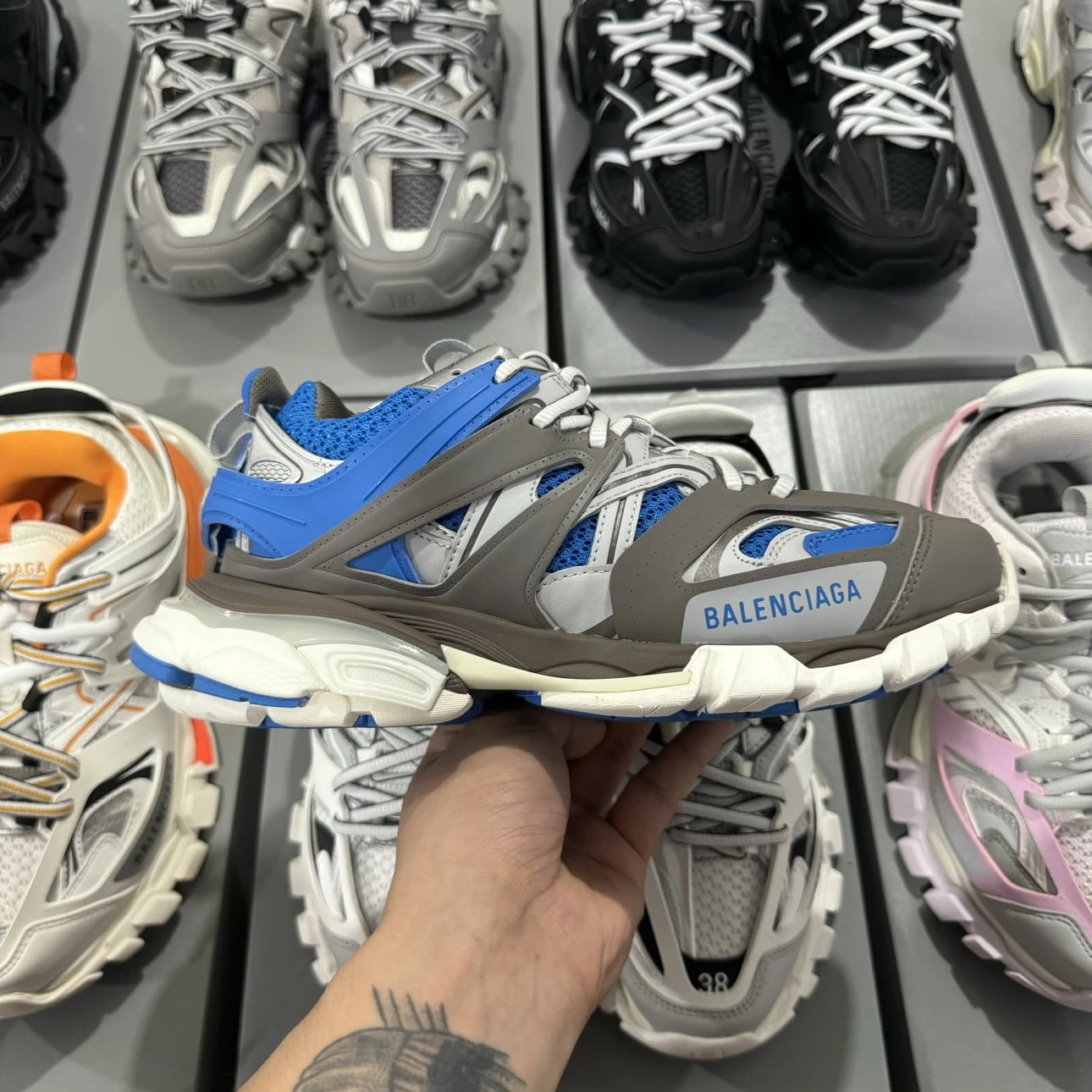 LED 1:1 Best Quality Balenciaga Track Shoes Dark Grey & Blue