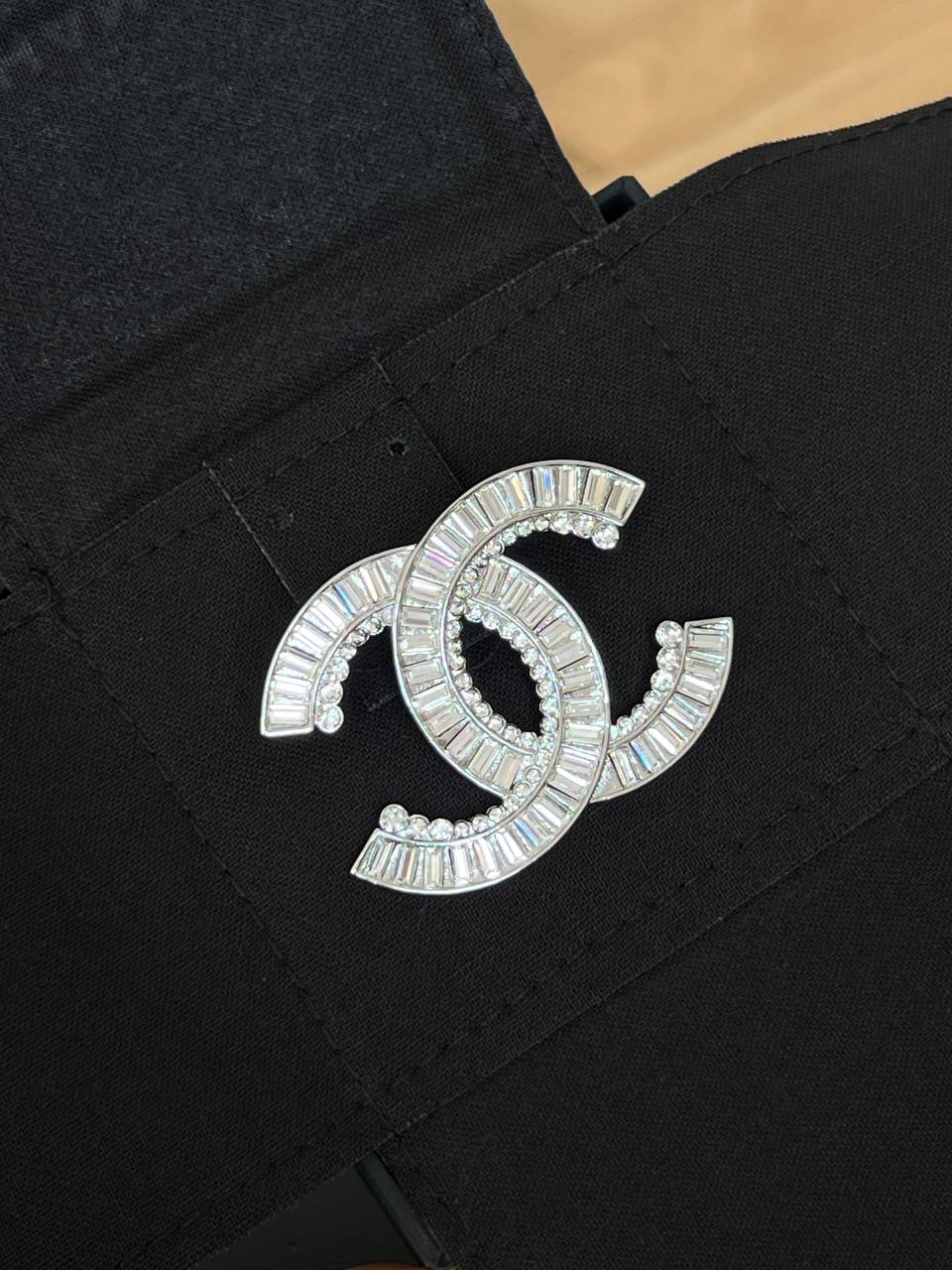 Chanel Silver Metal Baguette & Round Crystal Interlocking CC Brooch