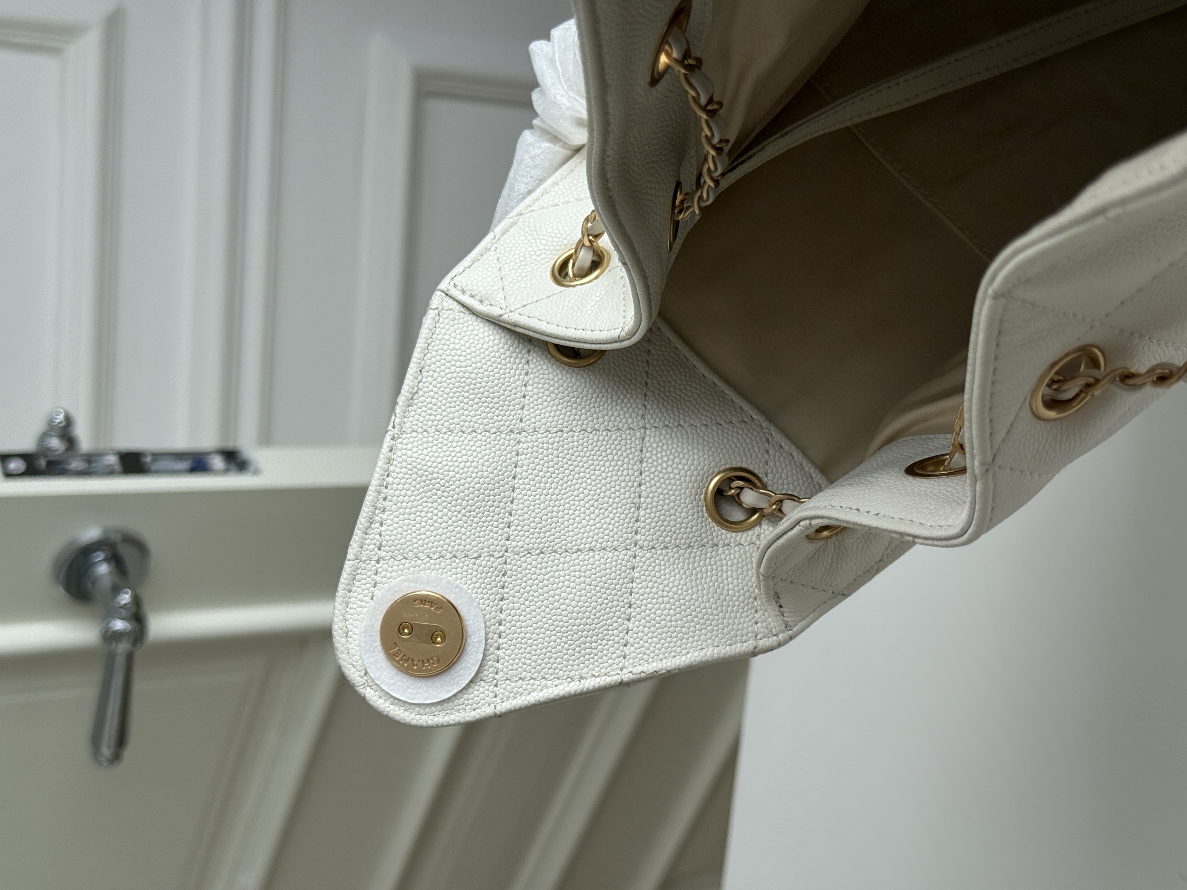 CHANEL Quilted Drawstring Bucket Bag in Milky White