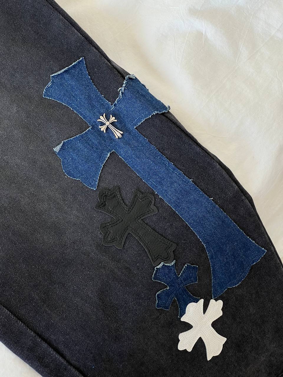 Chrome Hearts Black Washed Denim Jeans with Cross Patch Details