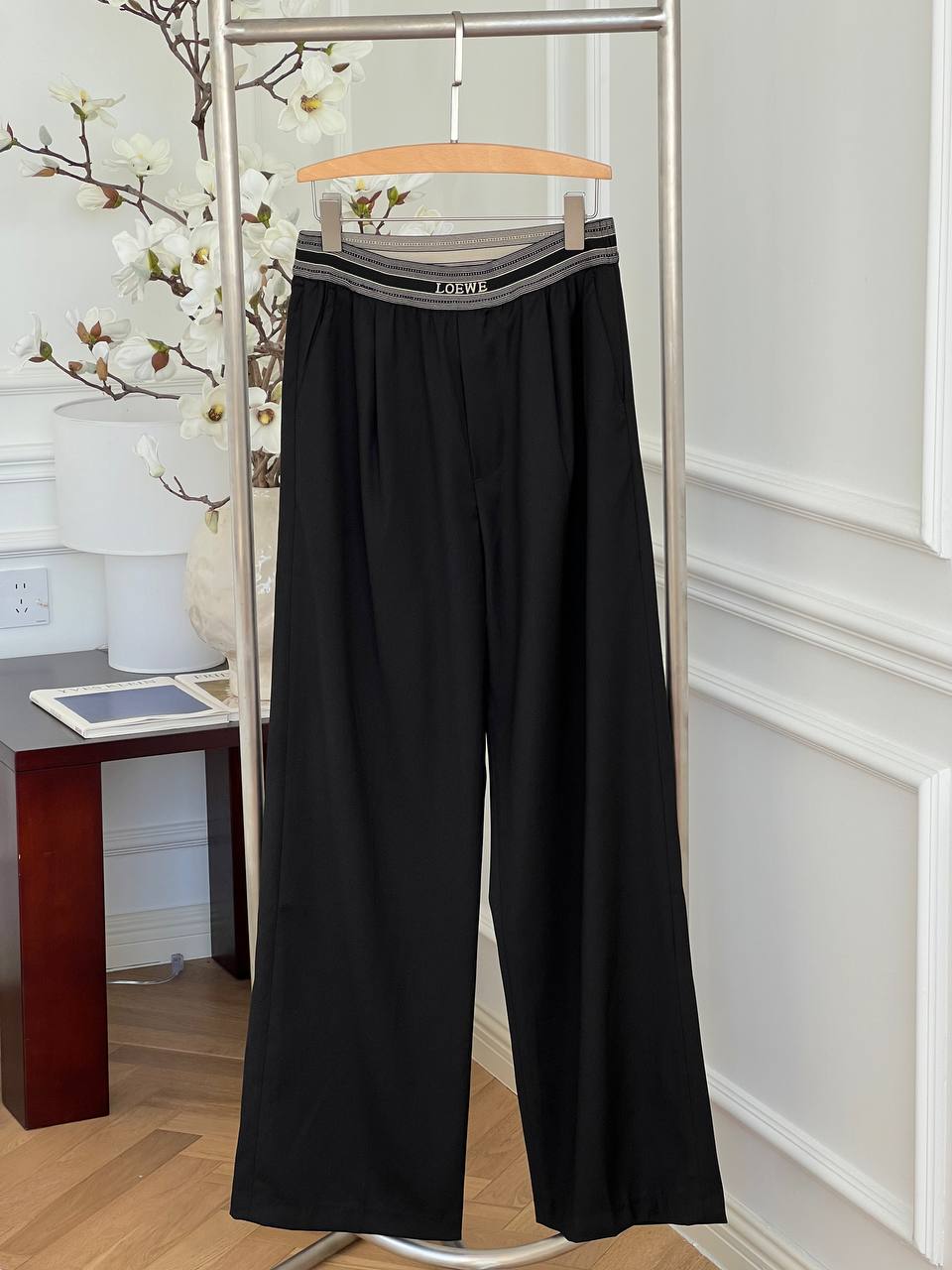 Prada Black Elastic Waist Wide Leg Trousers