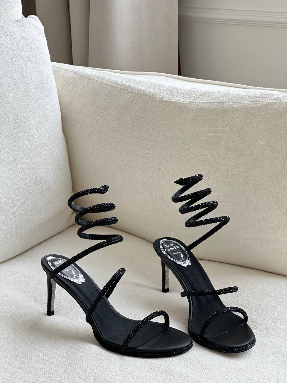 Rene Caovilla Black Crystal Snake-wrap Strap Open-toe Stiletto Heel Sandals