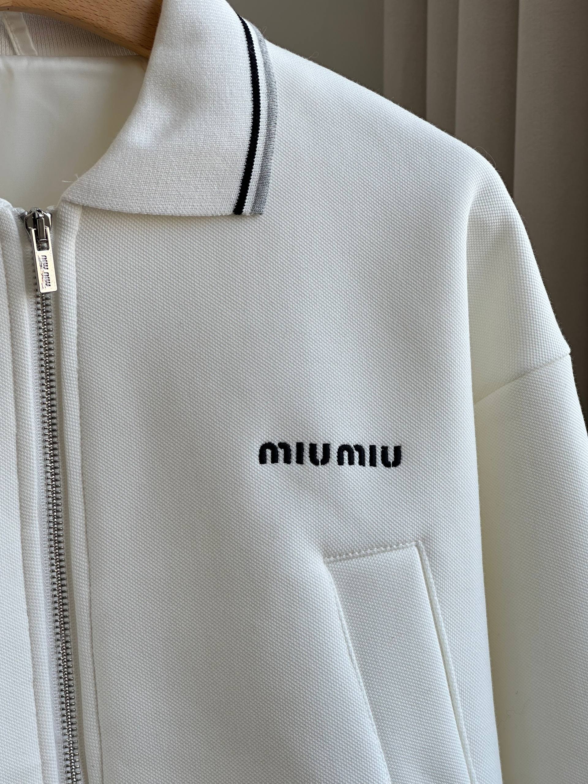 Miu Miu Cropped Piqué Bomber Jacket with Logo Embroidery